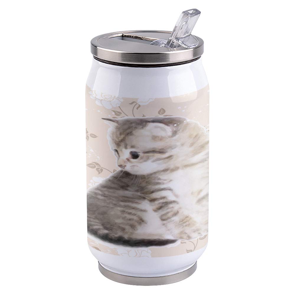 14oz Stainless Steel Tumbler with Lid & Straw - Double Wall Vacuum Insulated Travel Mug, Watercolor Floral Cat Design - Hot & Cold Beverage Cup for Coffee, Tea, Water - Perfect for Office, Gym, Hiking, and Outdoor Activities