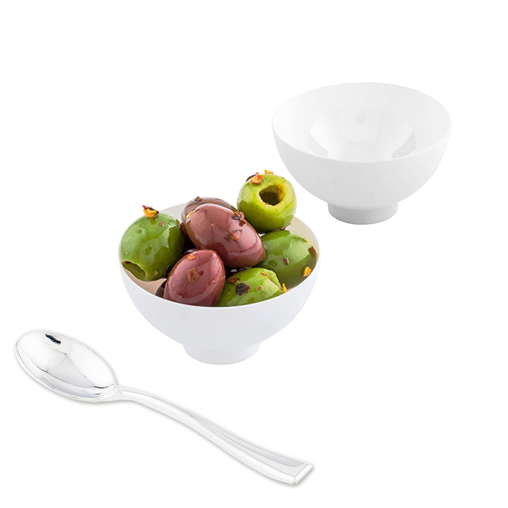 100 Pack 2 oz Round White Plastic Coppa Bowls with 100 Silver Mini Plastic Spoons - Perfect for Ice Cream, Desserts, and Party Serving