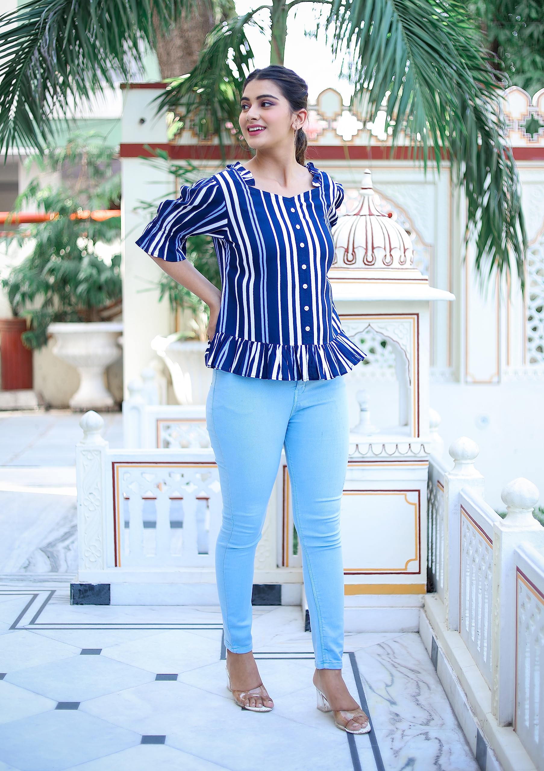 Yash Gallery Women's Regular Fit Striped Ruffle Blouse - Casual & Chic Top for Work, Date Night & Everyday Wear