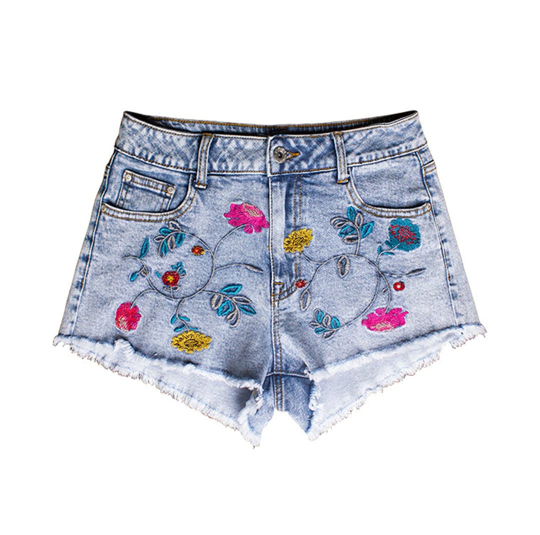 Women's High Waist Embroidered Flower Denim Shorts - Summer Fashion Short Jeans for Casual Outfits, Beach Wear & Street Style