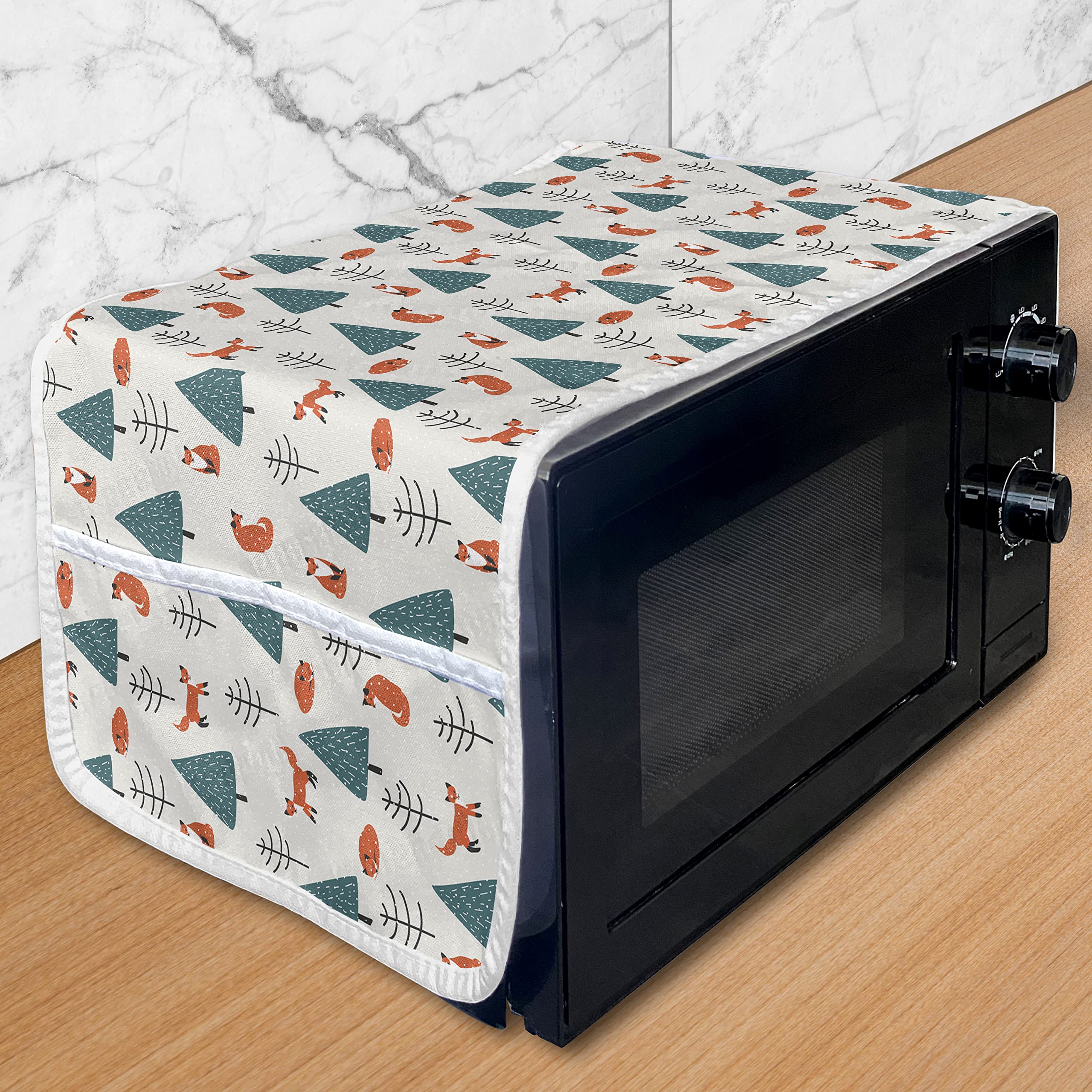 Ambesonne Fox Microwave Cover - Waterproof Kitchen Organizer with Pockets, 36x12 Inch - Cute Orange Fox Cartoon in Snowy Winter Forest Design - Perfect for Small Kitchen Appliances & Countertop Storage