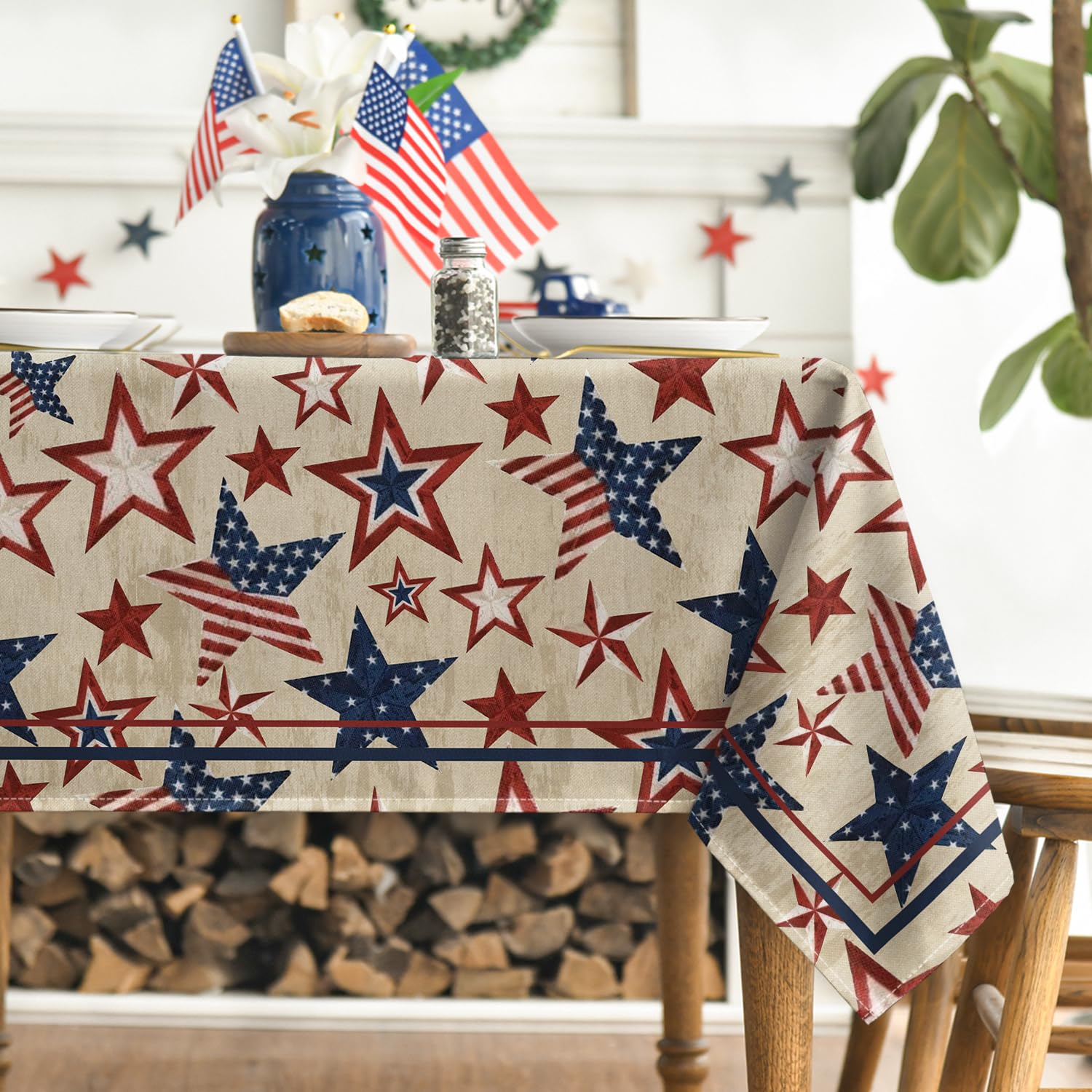 Horaldaily 4th of July Patriotic Tablecloth 60x84 Inch - Red White Blue Star American Flag Design Washable Rectangular Table Cover for Independence Day, Memorial Day, BBQ, Picnic & Outdoor Party Decor