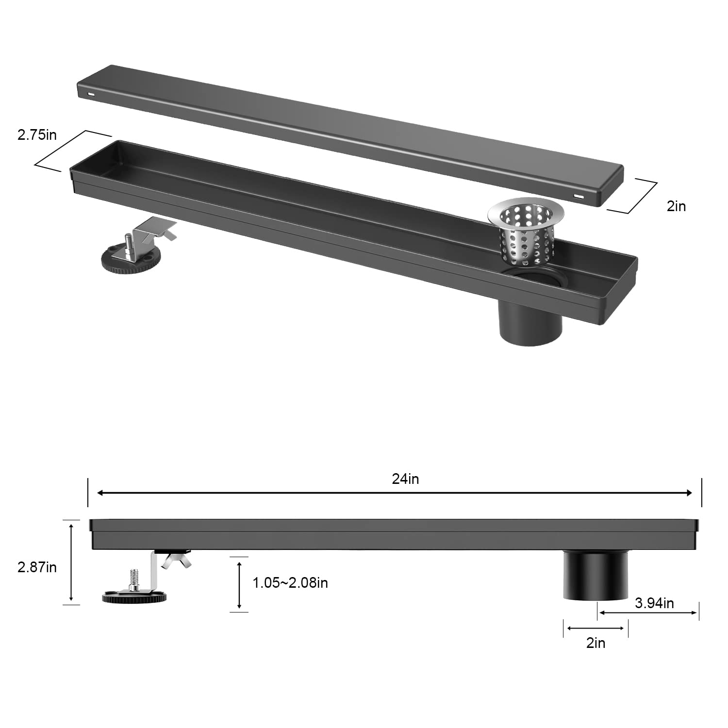 EXF 24-Inch Matte Black Offset Linear Shower Drain - Stainless Steel Rectangle Floor Drain with Reversible Cover & Hair Catcher - Adjustable Feet for Tile & Flat Installations | Perfect for Modern Bathroom Renovations & Walk-In Showers