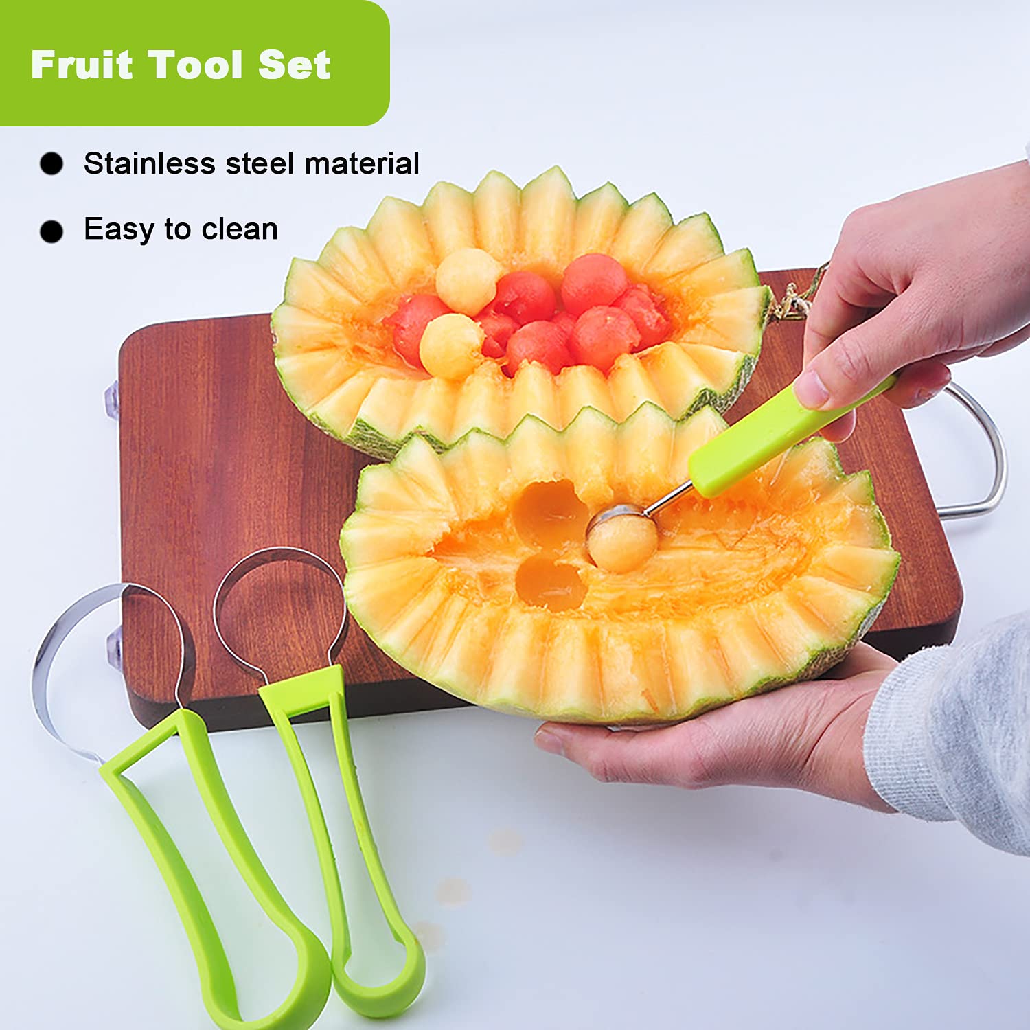 Premium 4-in-1 Stainless Steel Melon Baller Set - Watermelon Scooper, Fruit Carving Tools, Ice Cream Baller & Seed Remover - Perfect for Fruit Shaping, Cocktail Garnishes & Party Food Presentation