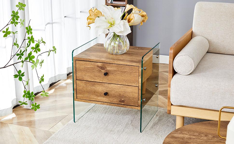 Modern Double Drawer Bedside Table with MDF Sticker Surface & Tempered Glass Sides - Elegant Design & Spacious Storage for Bedroom, Living Room, or Office