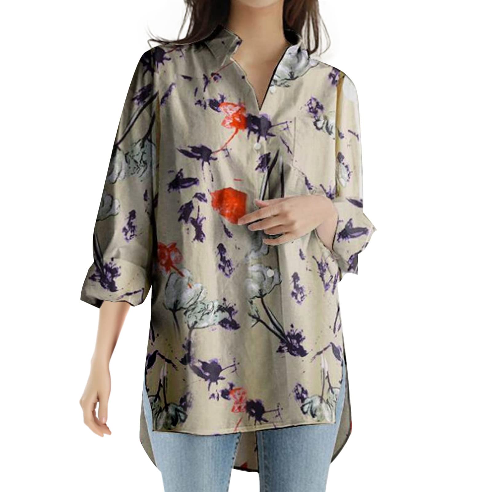 Women's Long Sleeve Printed Tunic Tops - Button Down Collar Blouse for Casual & Office Wear | Stylish Flowy Shirt for Everyday Outfits & Work Attire