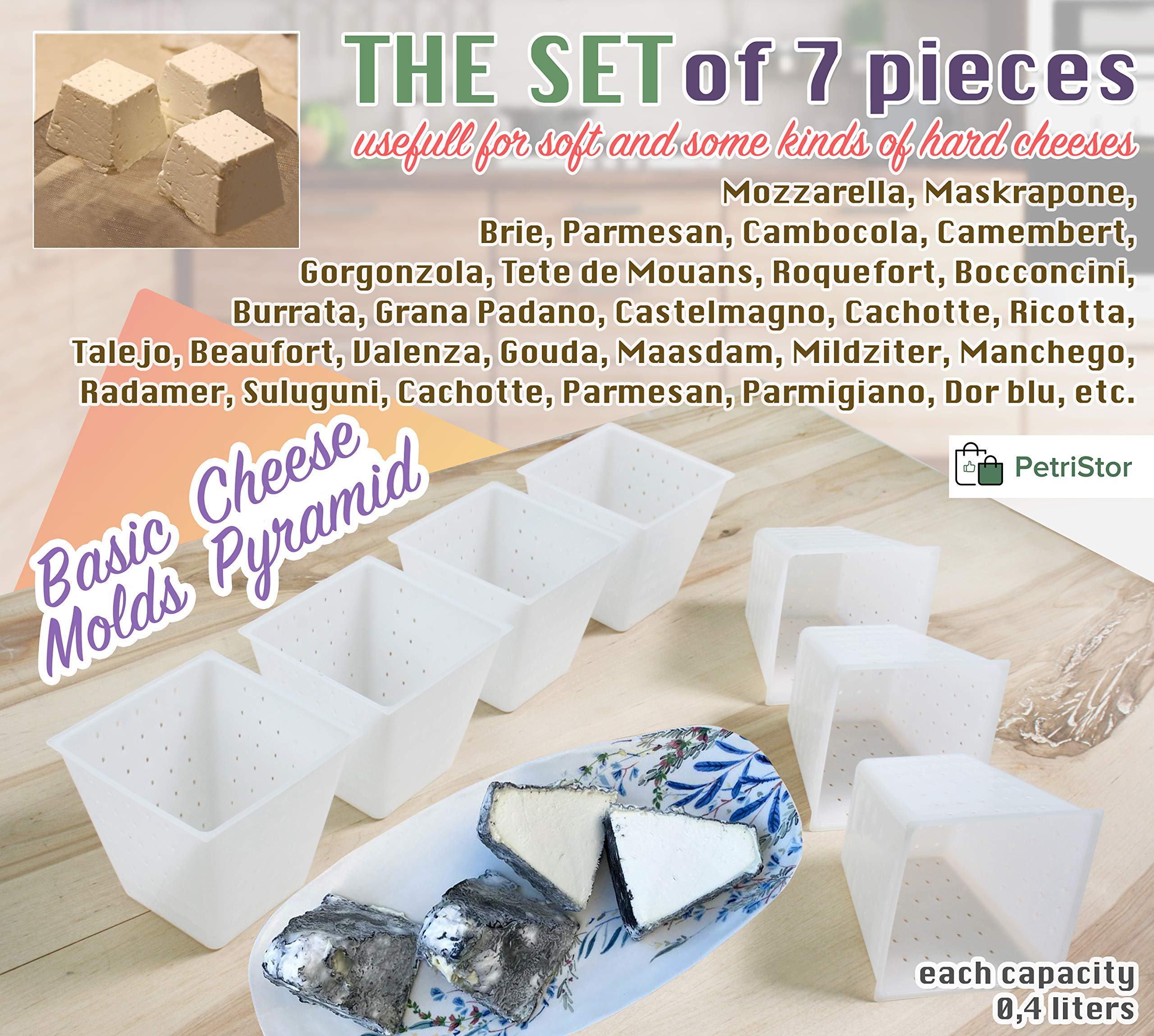 7-Piece Small Cheese Mold Pyramid Set (0.45QT) - Food-Grade Soft Cheese Molds for Homemade Feta, Cream Cheese & Fresh Cheese Making - DIY Cheese Making Supplies & Tools - Perfect for Artisan Cheesemaking, Home Kitchens & Gifts