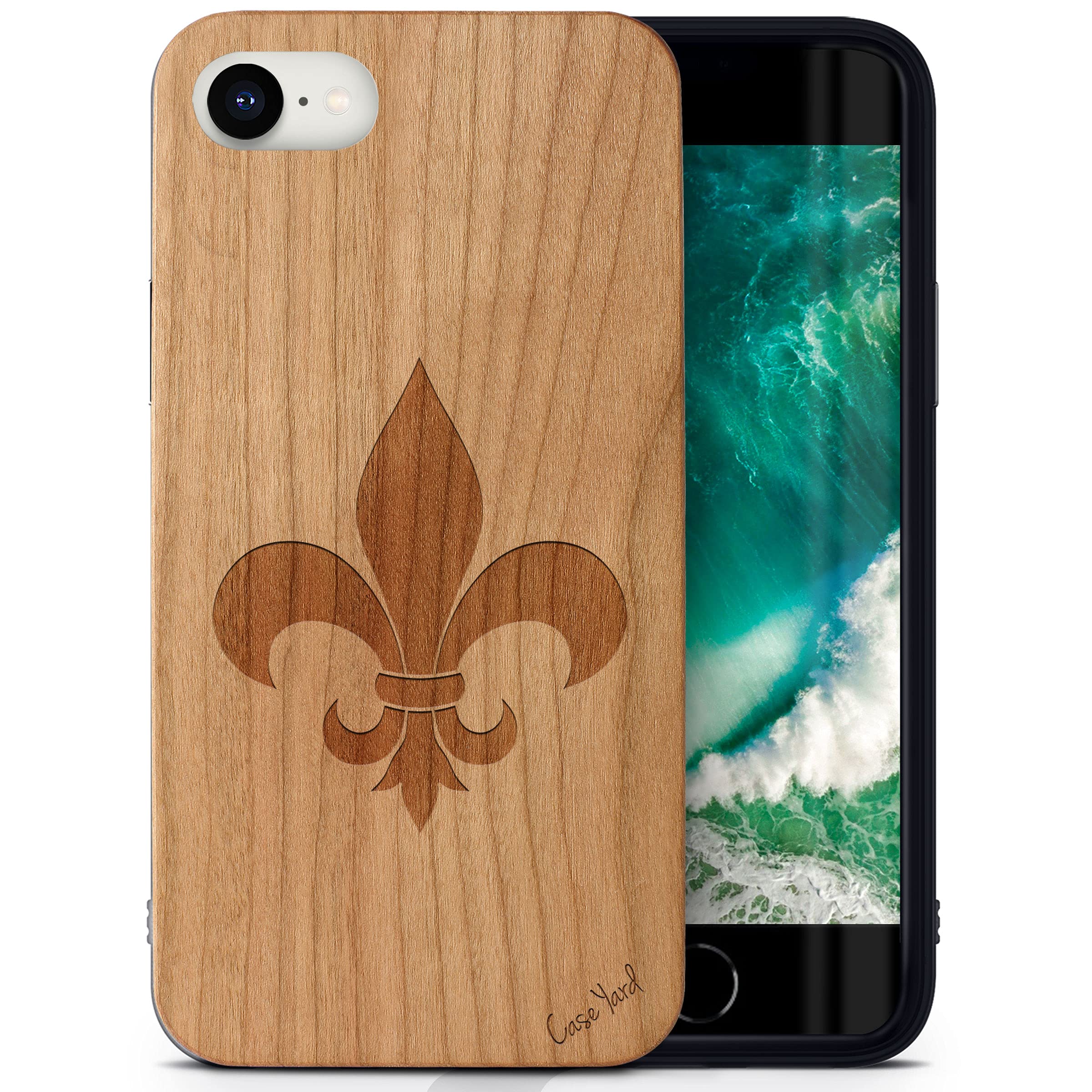 CaseYard Wood Phone Case for iPhone SE - Laser Engraved French Tip Design Cherry Wood Cover | Shockproof Slim Fit Protective Case for Men & Women | Perfect for Outdoor Activities & Daily Use