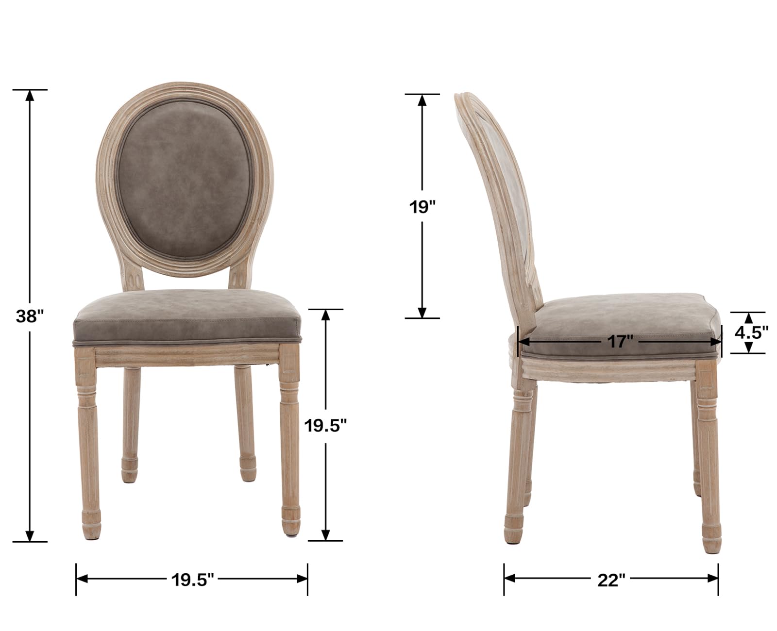 Farmhouse Leather Dining Chairs Set of 4 - French Country Round Back Side Chairs for Kitchen, Restaurant, Dining Room & Living Room - Grey Upholstered Seating (Perfect for Rustic Home Decor & Entertaining Guests)