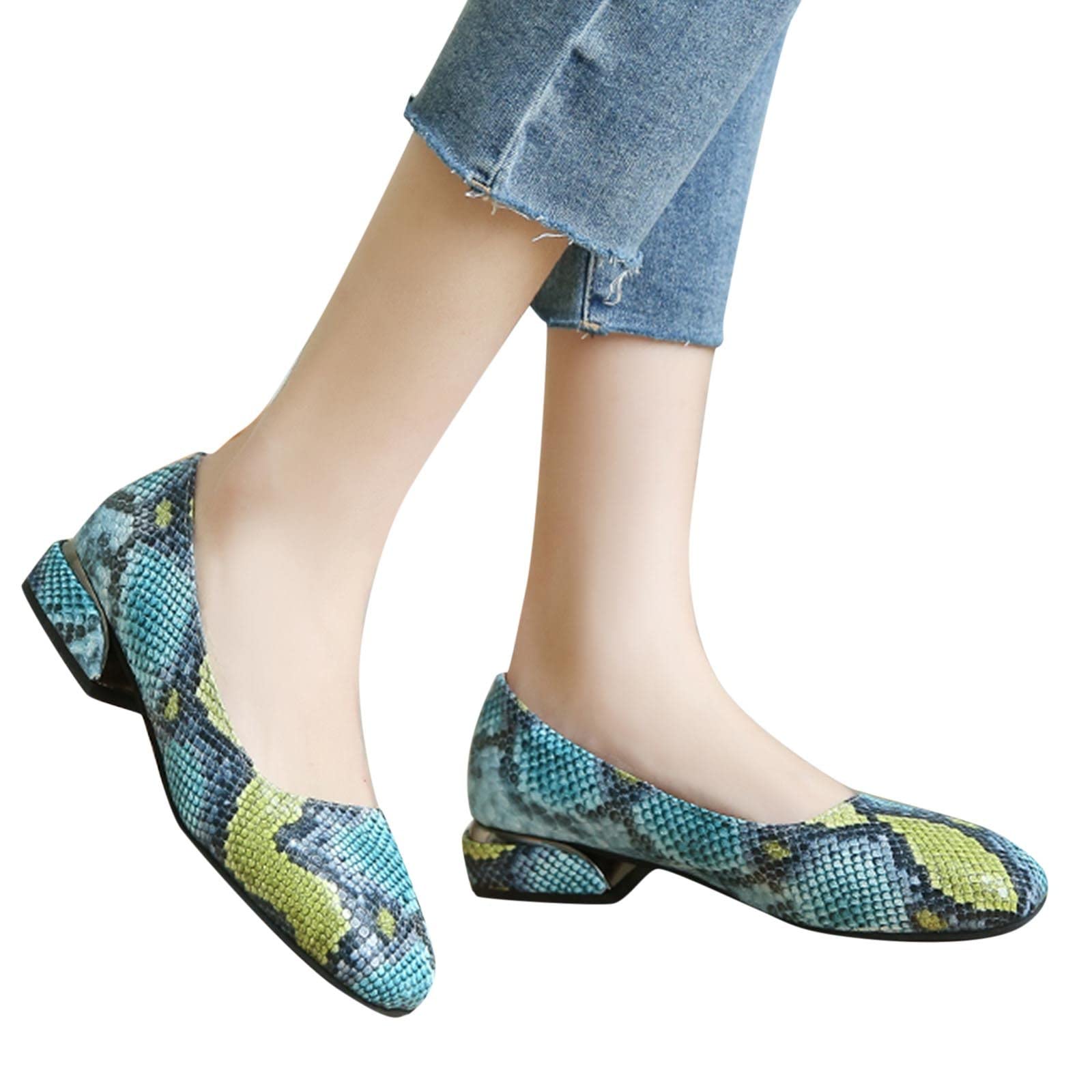 Women's Comfortable Ballet Flats with Block Heel - Wide Width Dressy Casual Shoes, Snake Pattern Low Heel Pointed Toe Flats for Work & Evening Out (Size 9) | Perfect for Office, Parties & Daily Wear