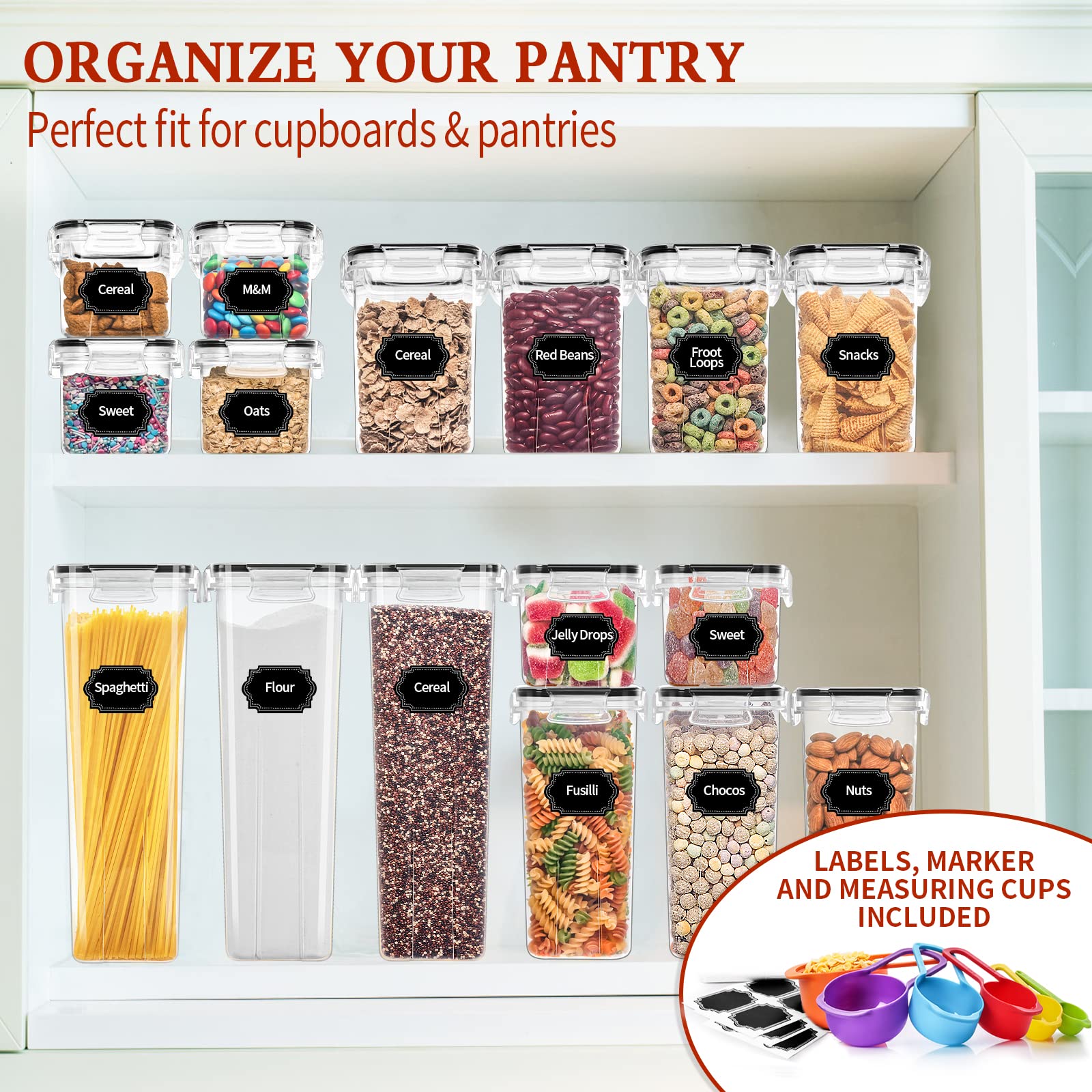 24-Pack Airtight Food Storage Containers with Lids - BPA-Free Plastic Canisters for Cereal, Pasta, Flour & Sugar | Includes Spoon Set, Labels & Marker | Perfect for Kitchen Pantry Organization, Meal Prep & Bulk Food Storage