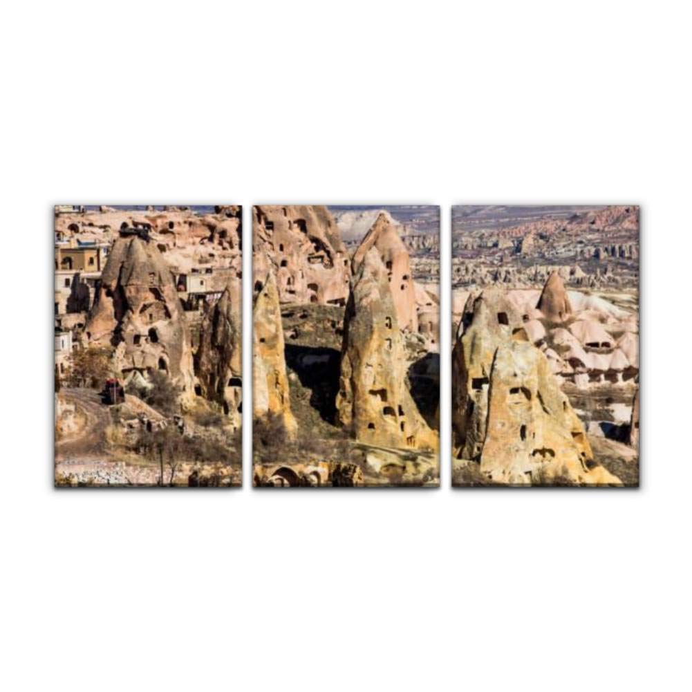 Modern Canvas Wall Art - 3-Piece Framed Oil Painting of Cappadocia Cave Houses & Rock Formations in Turkey, Landscape Home Decor for Living Room, Bedroom or Office (16x24 Inches)