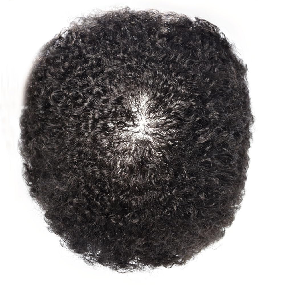 6mm Afro Wavy Human Hair Toupee for Black Men - Full Poly Thin Skin PU Injection Replacement System - African American Kinky Curly Hair Unit (Jet Black #1) - Perfect for Daily Wear, Special Occasions & Hair Loss Solutions