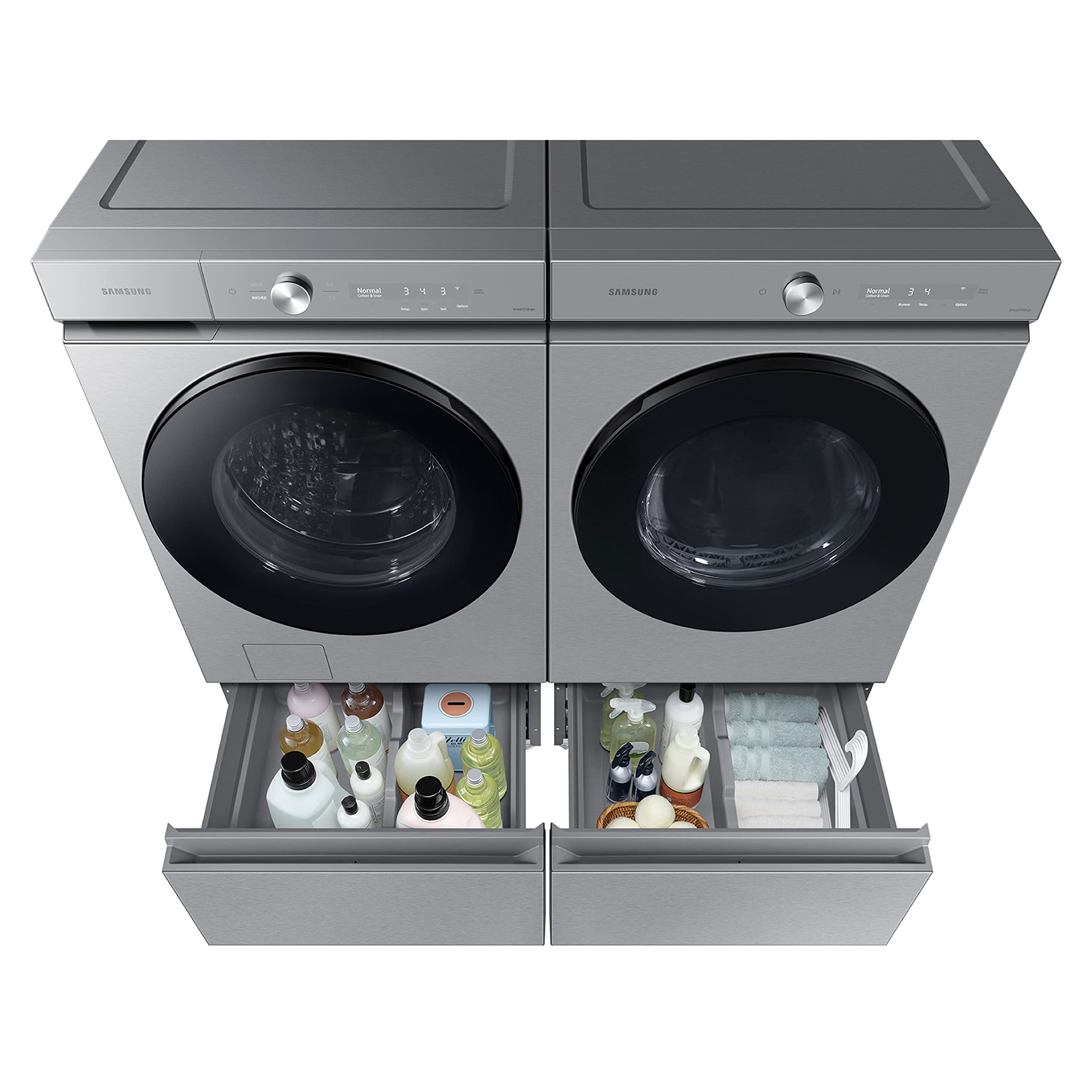 Samsung 27-Inch Bespoke Front Load Washer Dryer Pedestal Stand with Pull-Out Laundry Storage Drawer | WE502NT | Silver Steel | Space-Saving Laundry Room Organizer for Compact Homes & Apartments