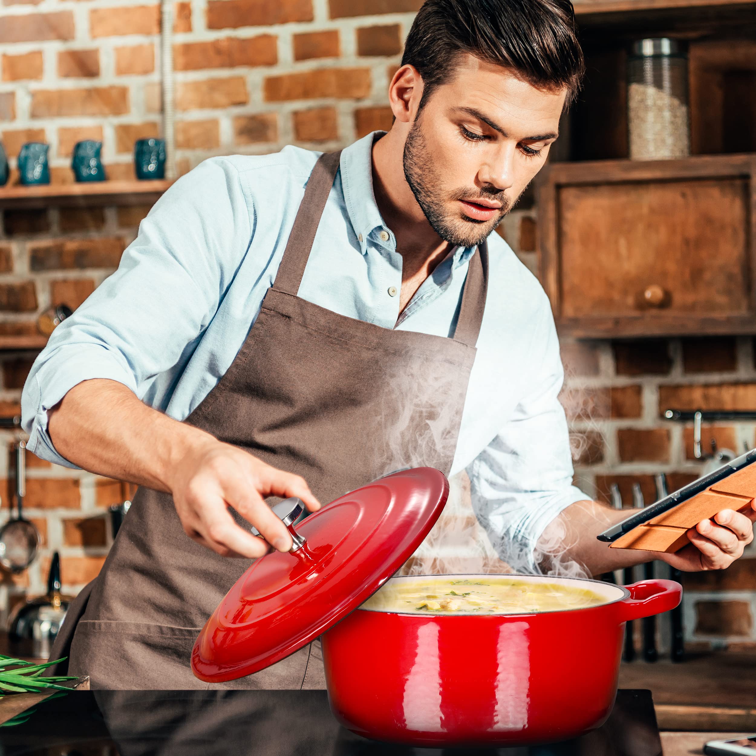 Premium Enameled Cast Iron Dutch Oven Set with Lids - 2-Piece Nonstick Cookware (6QT & 1.5QT) for Baking Bread, Braising, Stewing & Slow Cooking - Vibrant Red Enameled Pots for Oven, Stovetop & Camping Use