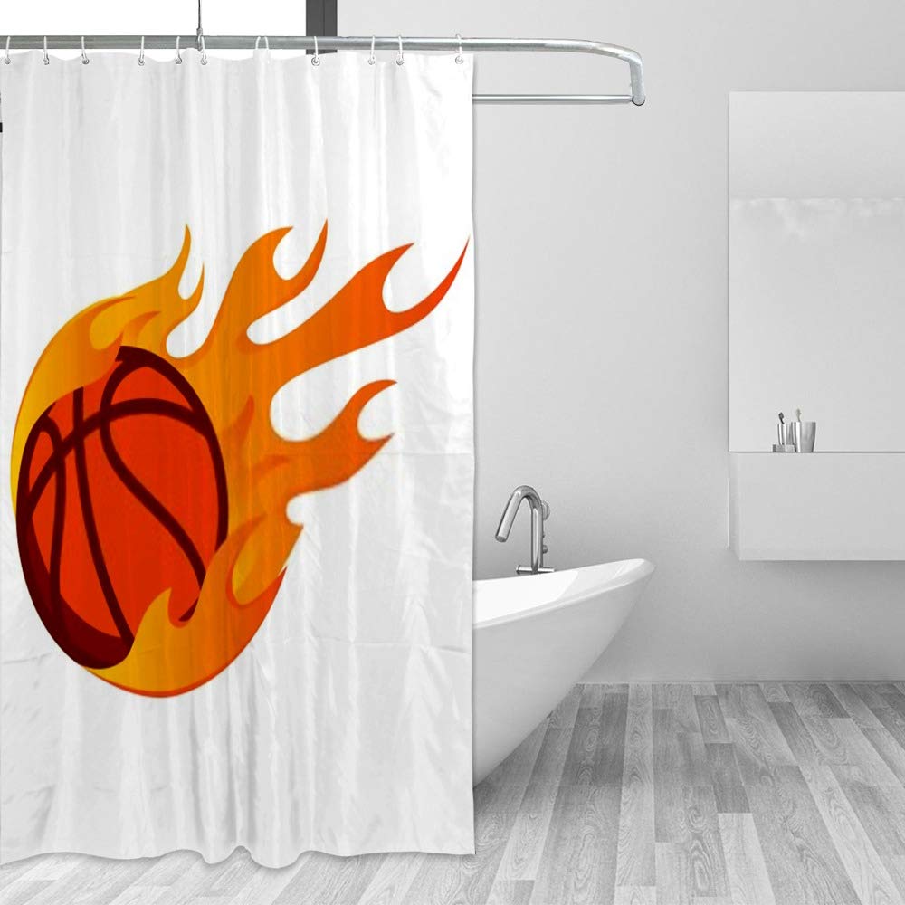 Flaming Basketball Shower Curtain - Waterproof Polyester Fabric Bathroom Curtain with 12 Hooks for Showers, Stalls & Bathtubs - Perfect for Sports-Themed Bathrooms & Kids' Rooms