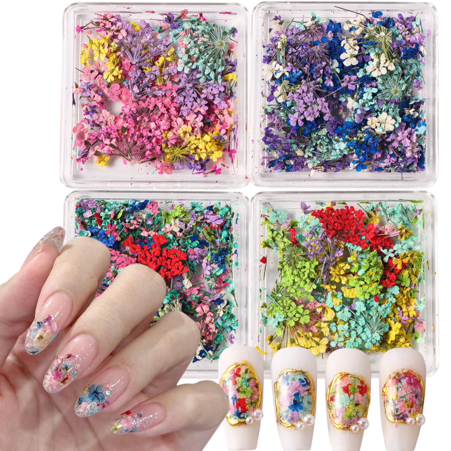 4Box 3D Dried Flowers Nail Art Stickers - Natural Dry Flower Nail Decals with Tiny Petals for DIY Manicure | Floral Nail Stickers for Women | Perfect for Wedding, Party, Salon & Home Nail Art Decorations