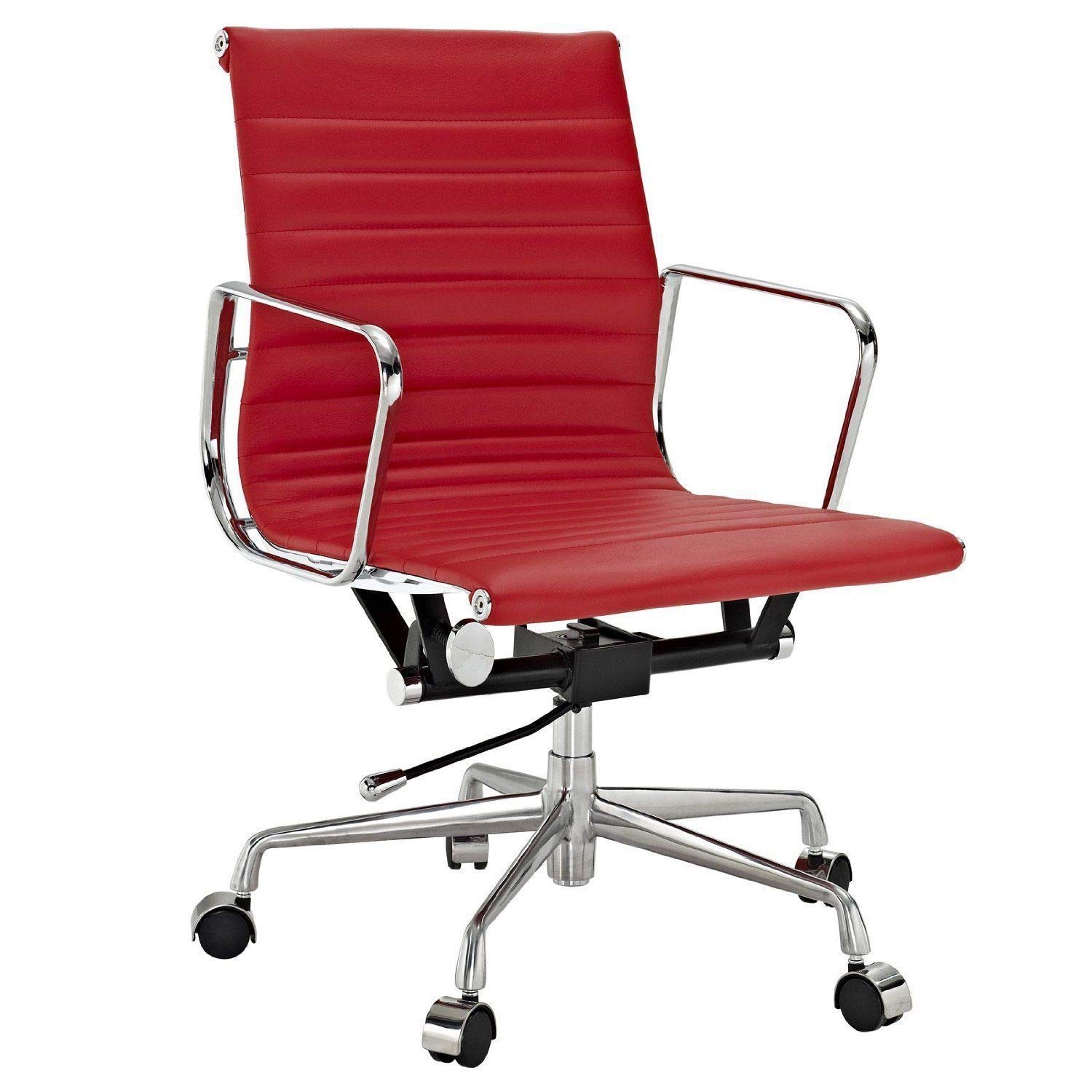 AG Ribbed Mid Back Office Chair - Premium Italian Leather (Red) - Ergonomic Design for Home & Office Workspaces