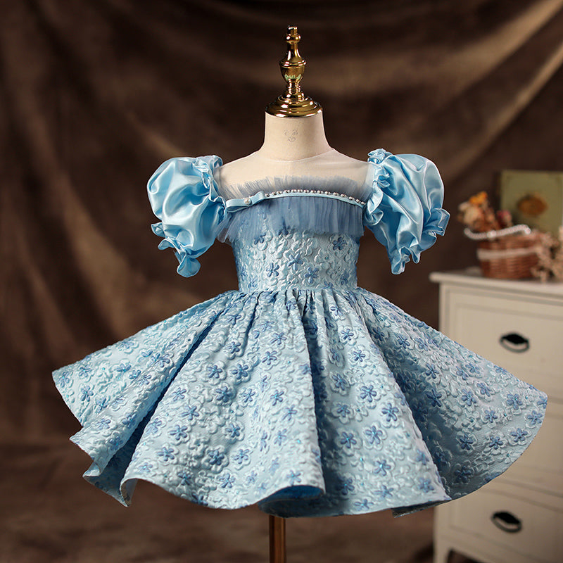 Royal Blue Satin Flower Girl Dress with Puff Sleeves & Floral Details - Perfect for Weddings, Pageants & Special Occasions