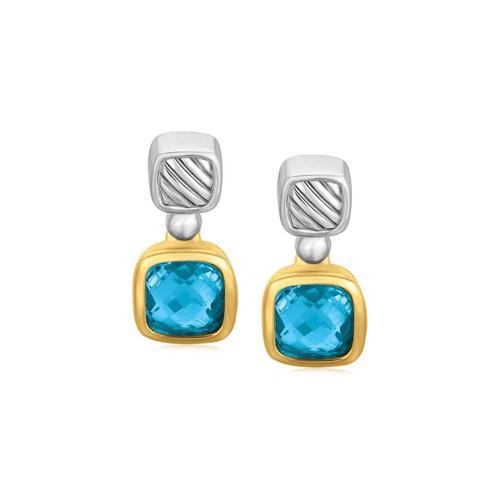 18K Yellow Gold & Sterling Silver Blue Topaz Drop Earrings - Bezel Set Gemstone Dangle Earrings for Women, Perfect for Weddings, Parties & Special Occasions