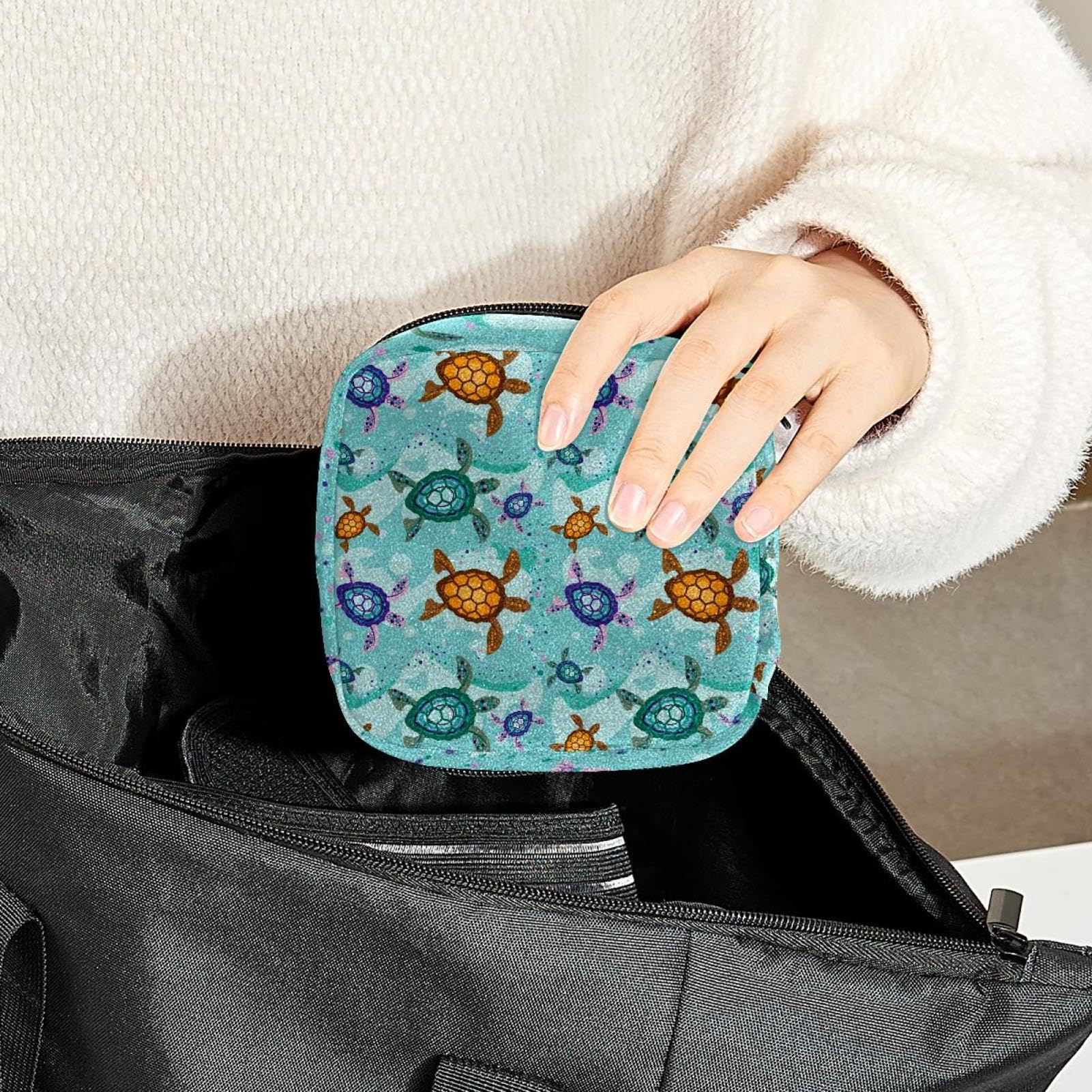 Organic Cotton Menstrual Pouch - Reusable Sanitary Pad & Menstrual Cup Organizer for Women & Teens - Eco-Friendly Travel Storage Bag - Perfect for Gym, Work, or School - Ocean Turtle & Green Water Design