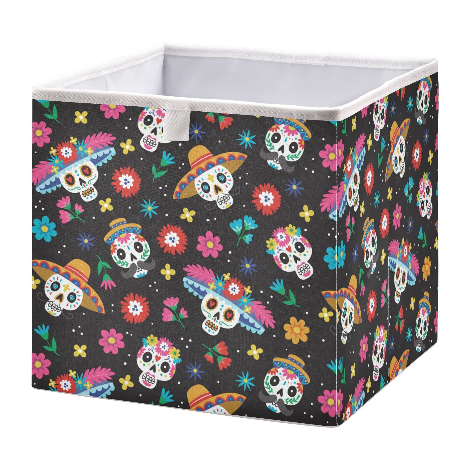 Day of the Dead Sugar Skull Halloween Storage Baskets - Foldable Collapsible Storage Box with Waterproof Fabric (11 x 11 Inch) - Perfect for Shelves, Pantry, Bathroom, Nursery & Toy Closet Organization