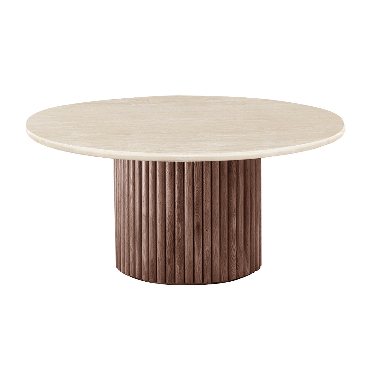 Modern Walnut & Travertine Coffee Table - 100cm Round Mid-Century Style Living Room Centerpiece for Home Decor, Lounge & Office Spaces