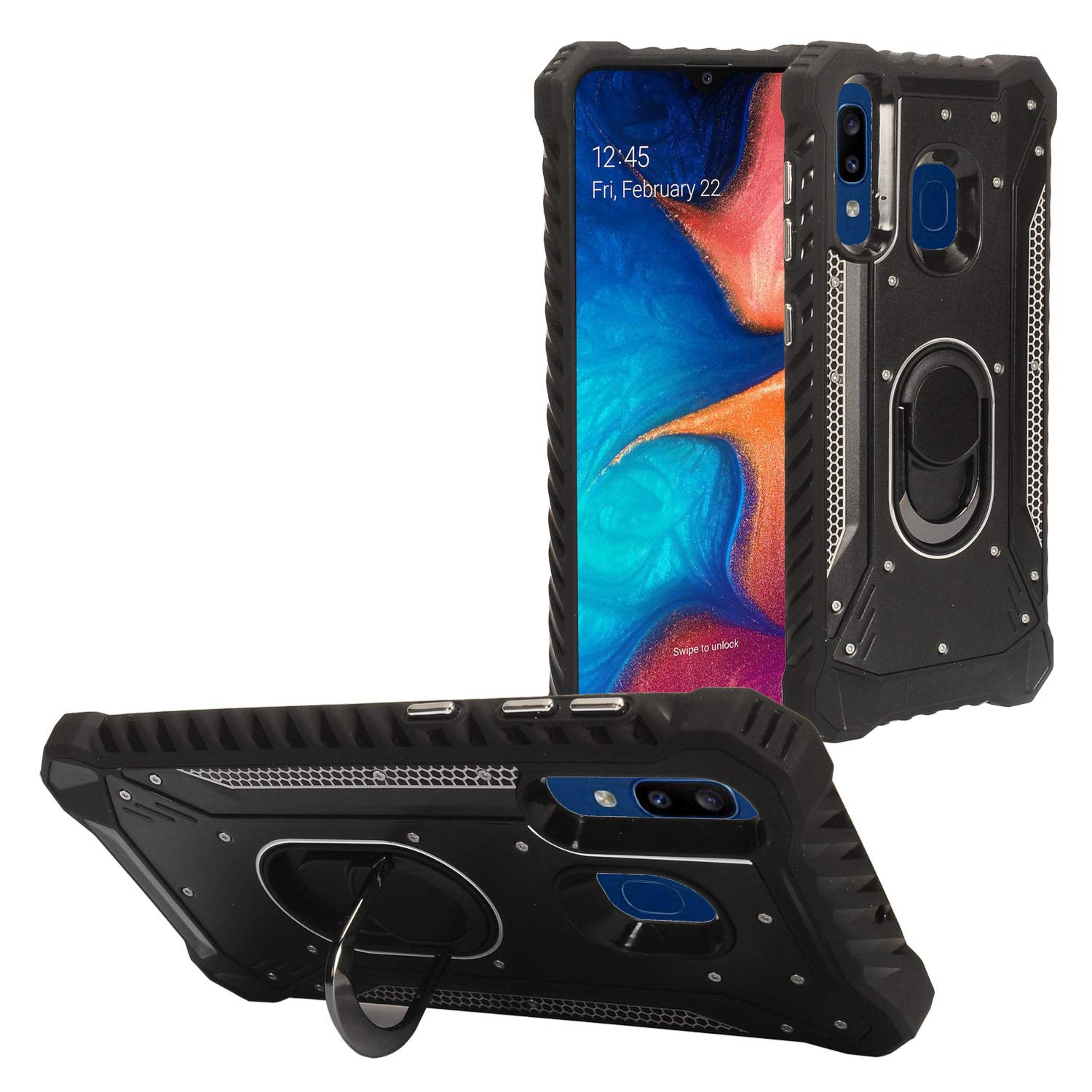 Samsung Galaxy A20 A50 Aluminum Metal Hybrid Ring Stand Phone Case - Shockproof Protective Cover with Kickstand for Hands-Free Viewing - Perfect for Work, Travel & Daily Use (ZY0 Black)