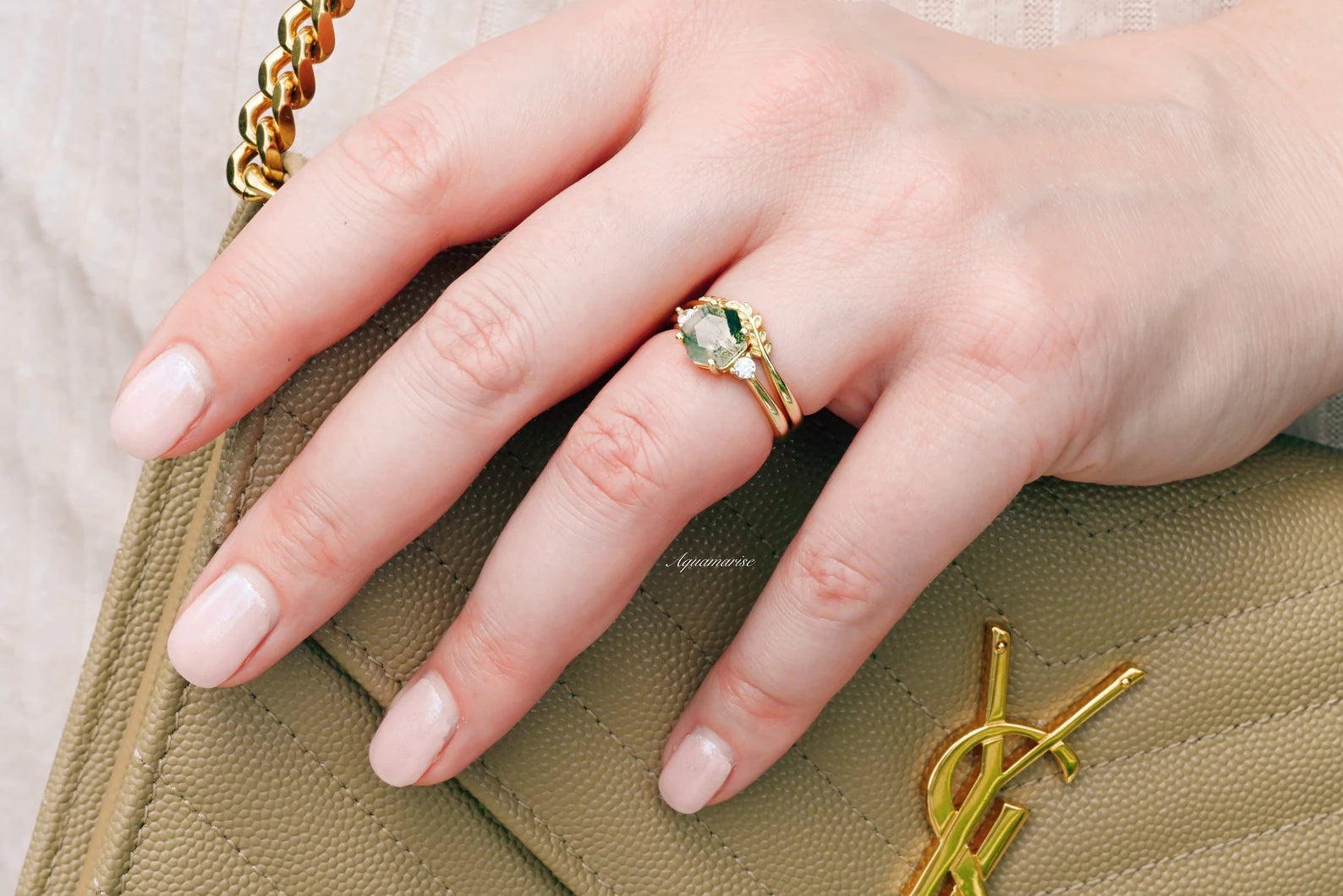Natural Moss Agate Fairy Leaf Ring Set - 14K Yellow Gold Vermeil Stackable Rings for Women, Nature-Inspired Jewelry for Boho Style & Everyday Wear