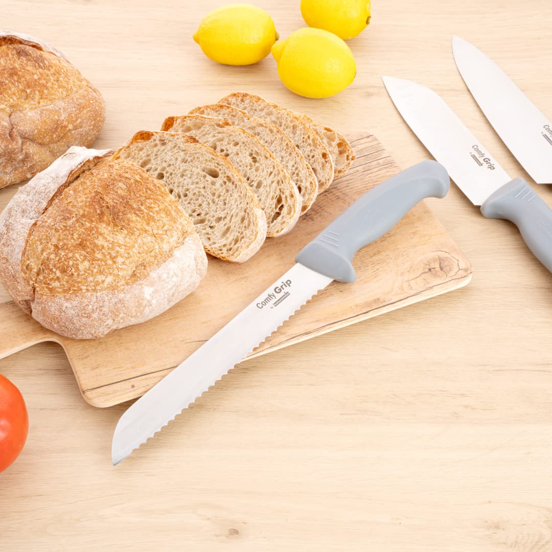 Restaurantware Comfy Grip 8 Inch Bread Knife - Sharp Serrated Stainless Steel Blade with Ergonomic Non-Slip Handle for Slicing Bread, Cake & Pastries | Dishwasher Safe | Perfect for Bakeries, Restaurants & Home Kitchens