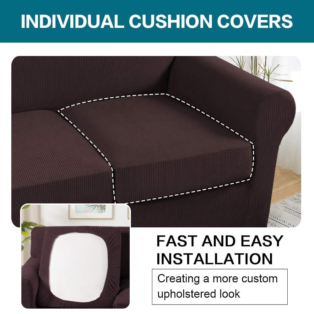 Turquoise 4-Piece Sofa Slipcover Set for 3-Cushion Couch - Washable Jacquard Fabric Furniture Protector with 3 Individual Cushion Covers (XL, Brown) - Perfect for Pet Owners & Living Room Decor