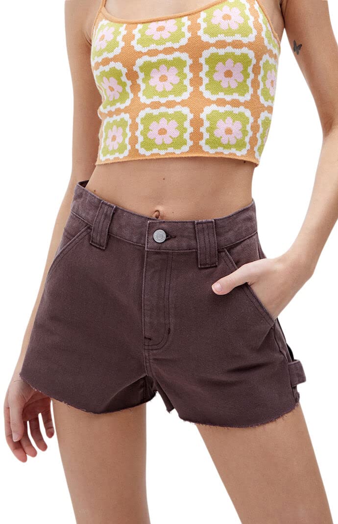 PacSun Women's High Waisted Carpenter Denim Shorts - Brown Distressed Vintage Style for Summer Casual Outfits & Streetwear Fashion