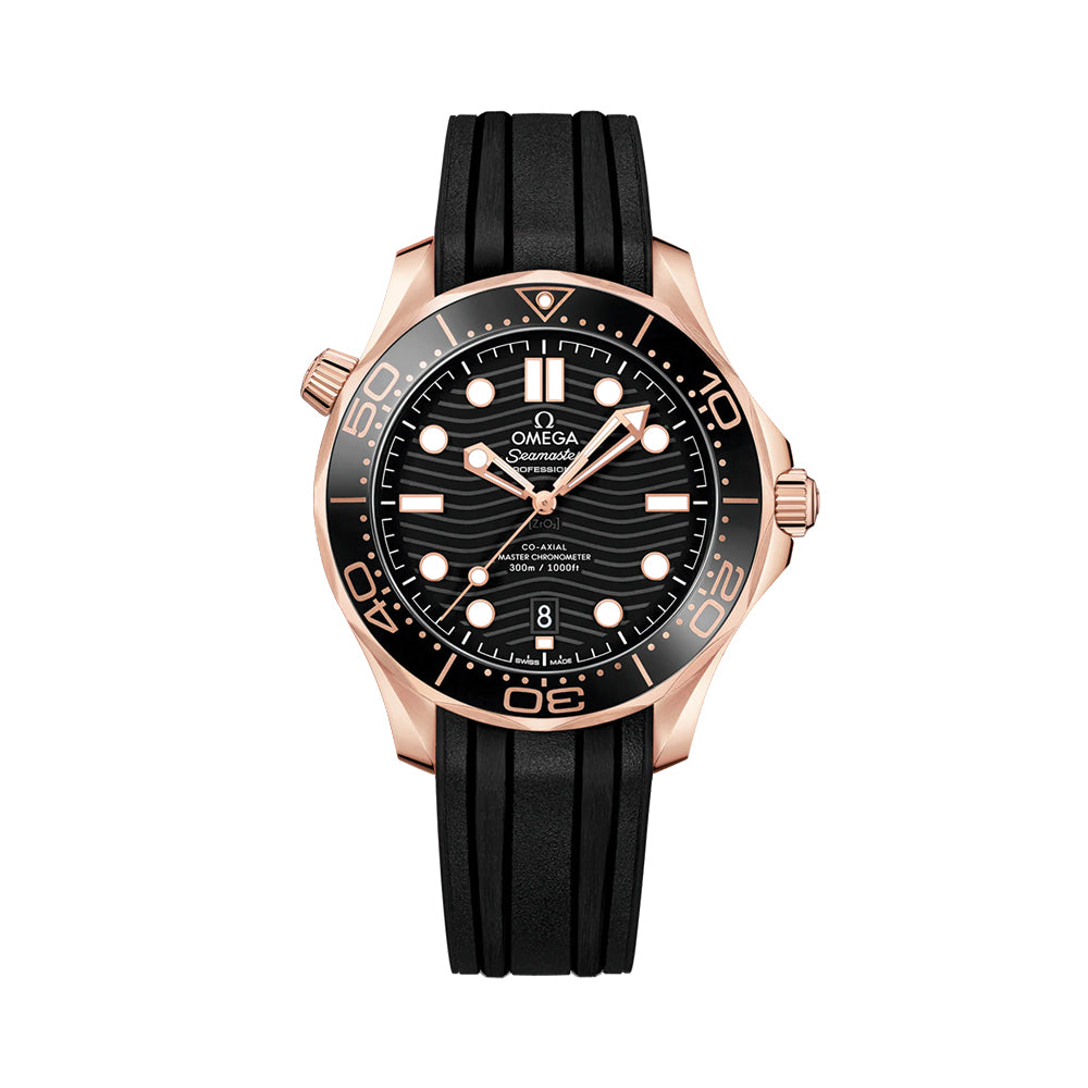 Omega Seamaster Diver 300M Co-Axial Master Chronometer 42mm Watch - Black Dial, Sedna™ Gold Case, Rubber Strap - Luxury Swiss Dive Watch for Men, Perfect for Water Sports & Formal Occasions