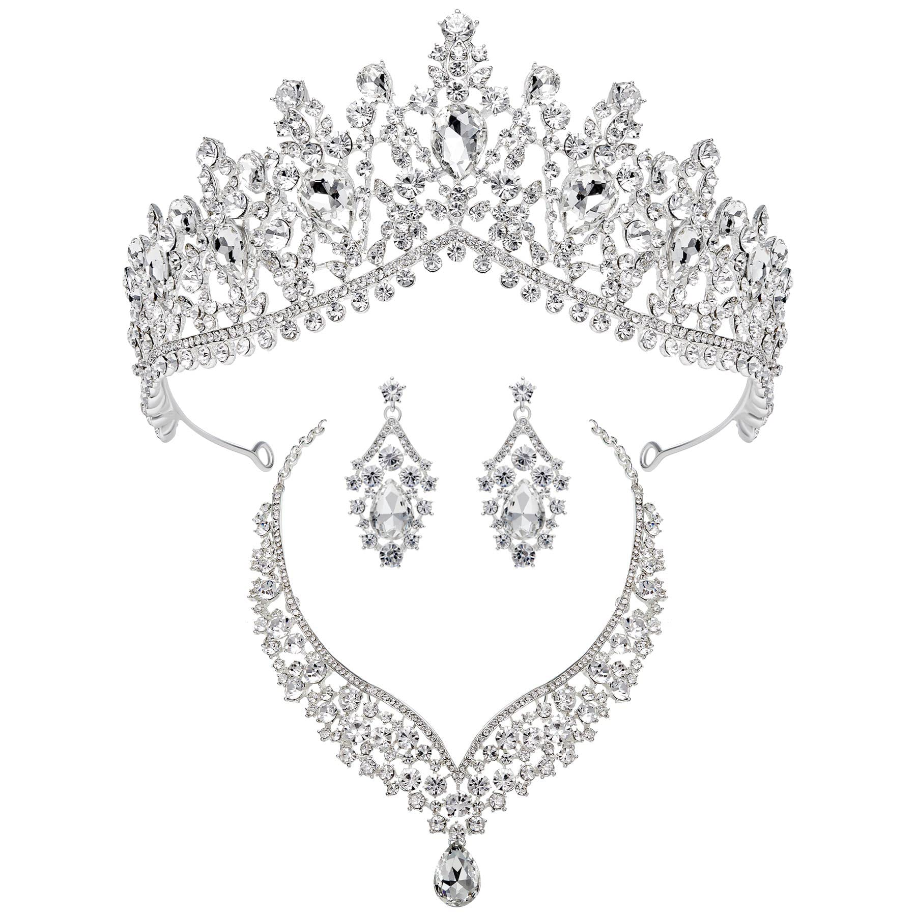 SWEETV 3-Piece Bridal Jewelry Set - Silver Wedding Crown Tiara with Matching Earrings & Necklace for Bride, Crystal Bridal Accessories for Wedding, Prom, Pageant, Birthday & Costume Parties (Ages 15+)