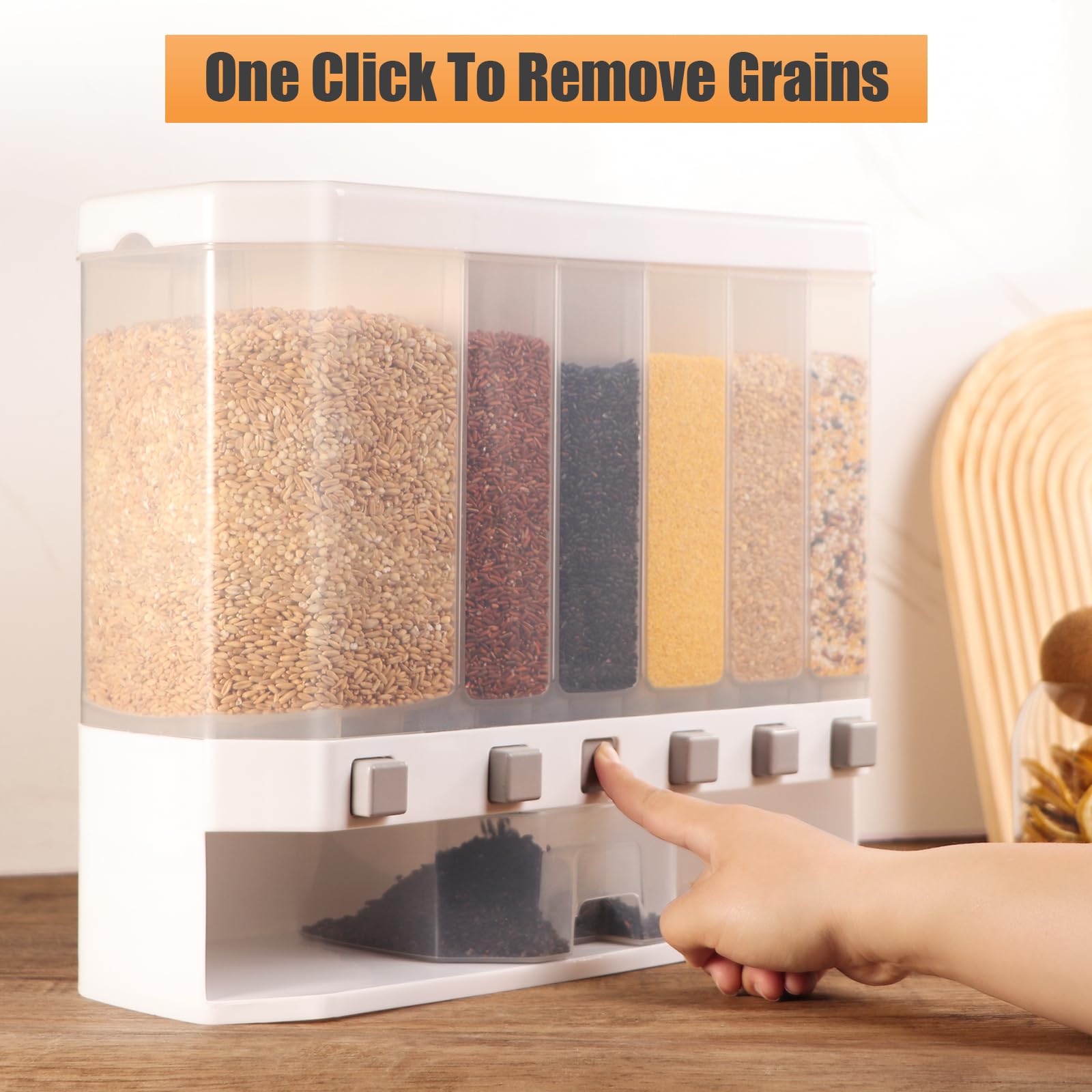 25lbs Grain Dispenser with Measuring Cup - 6 Grid Dry Food Storage Container for Rice, Snacks & Kitchen Organization | Perfect for Pantry, Restaurant & Bulk Food Storage