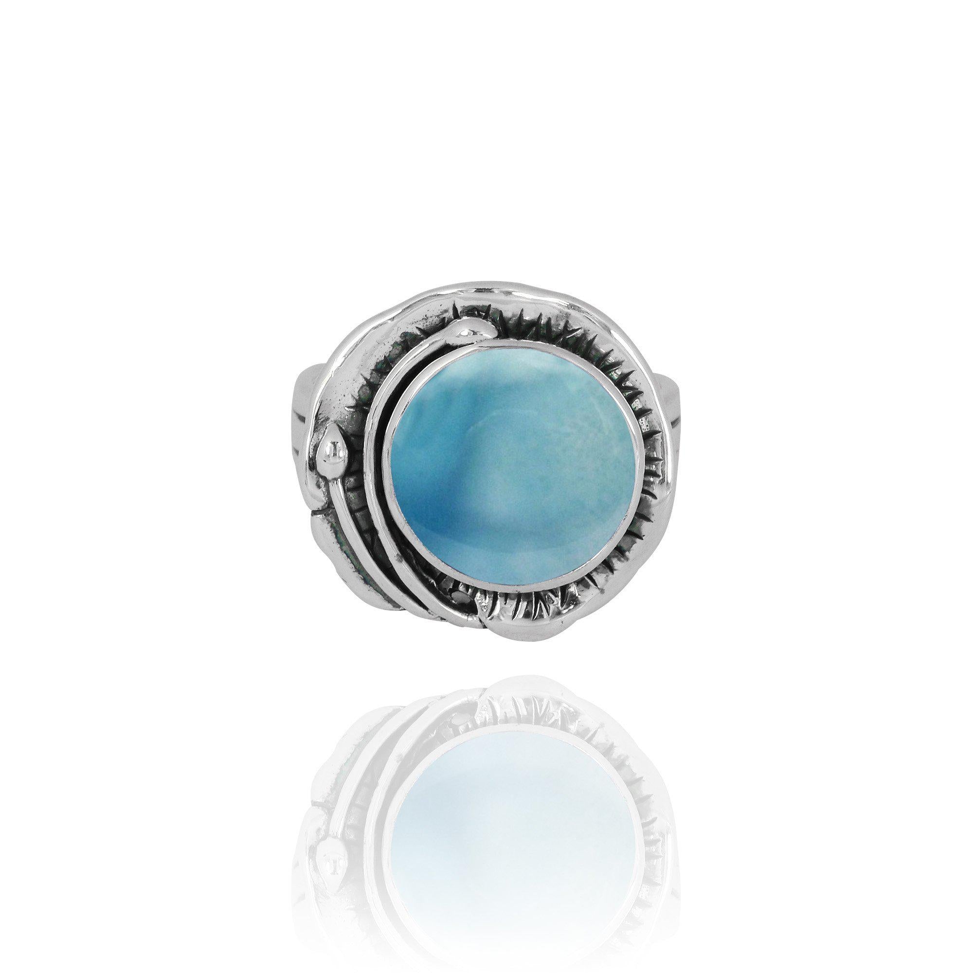 Larimar Oxidized Silver Band Ring for Women | Genuine Dominican Stone Jewelry | Boho Chic & Healing Crystal Ring | Perfect for Gifts, Meditation & Everyday Wear