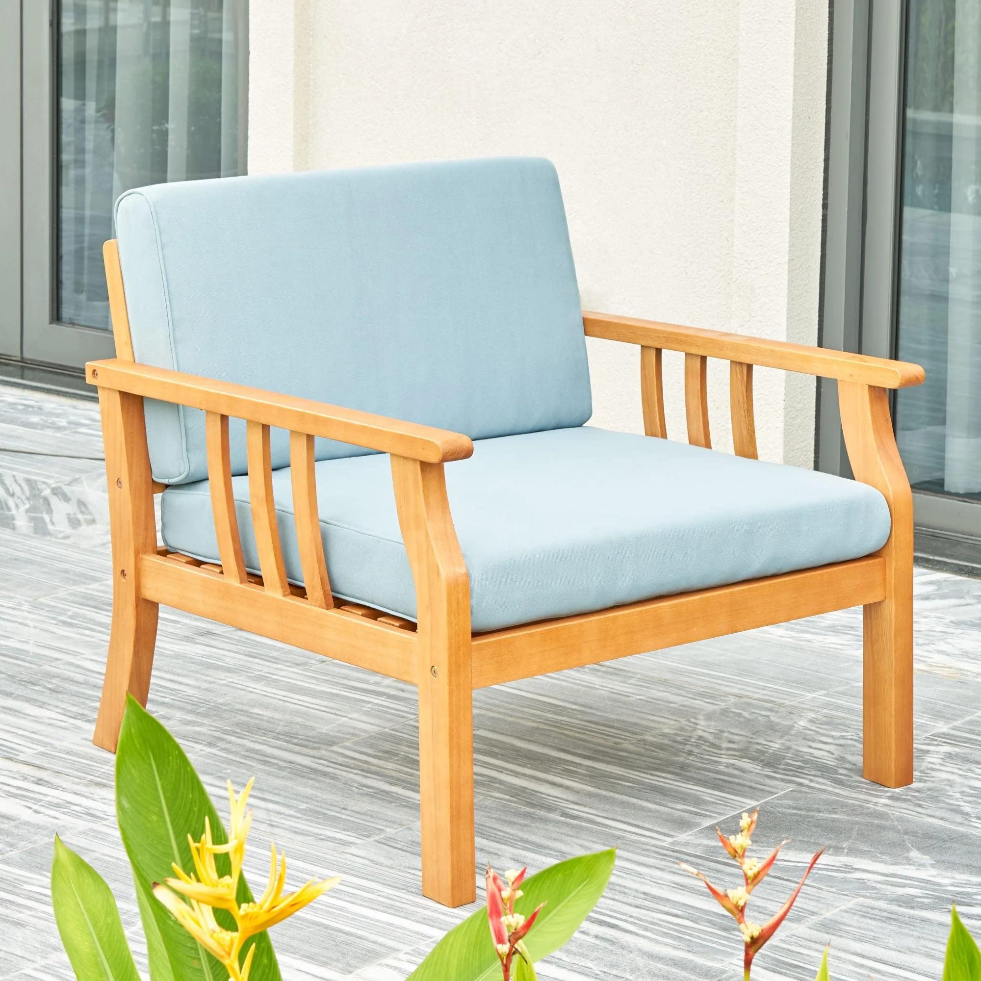 VIFAH V1955 Kapalua Honey Nautical Curve Eucalyptus Wooden Outdoor Sofa Chair with Cushion - Water-Resistant Patio Furniture for Poolside, Garden, and Backyard Relaxation