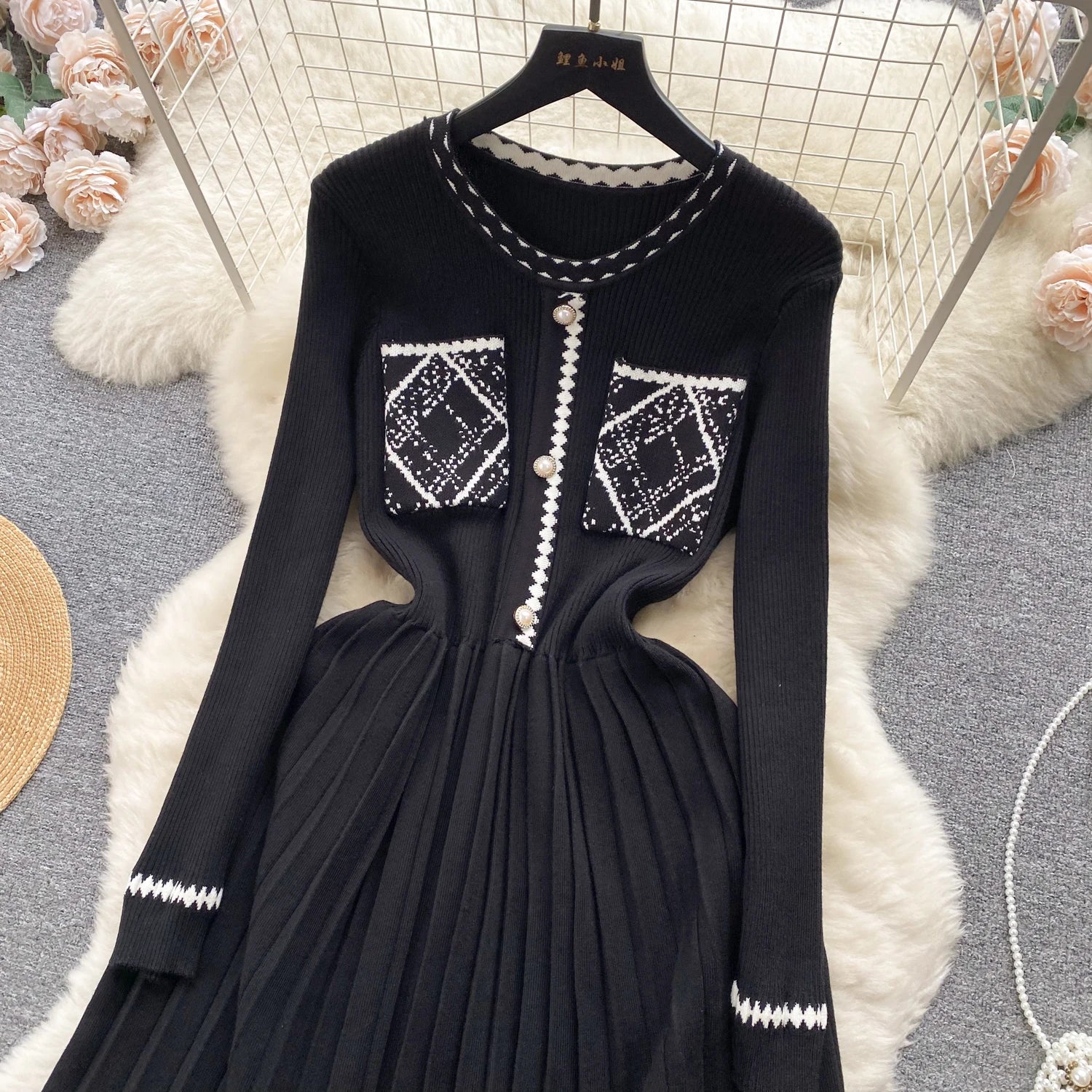 Beige Patchwork Knit Sweater Dress for Women - Long Sleeve Elegant Korean Style Slim Fit Casual Winter Dress with Black Pleated Details | Perfect for Autumn Outfits, Office Wear & Holiday Parties