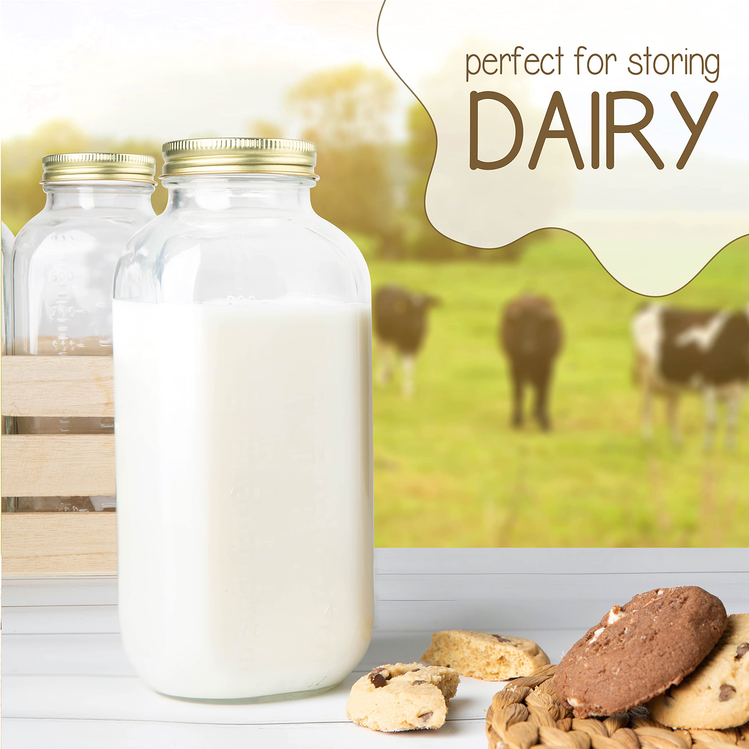 32oz Square Glass Milk Bottle with Airtight Metal Lid - 1 Quart Reusable Milk Jug for Yogurt, Smoothies, Kefir, Kombucha & Water Storage - Perfect for Fridge, Pantry & Meal Prep