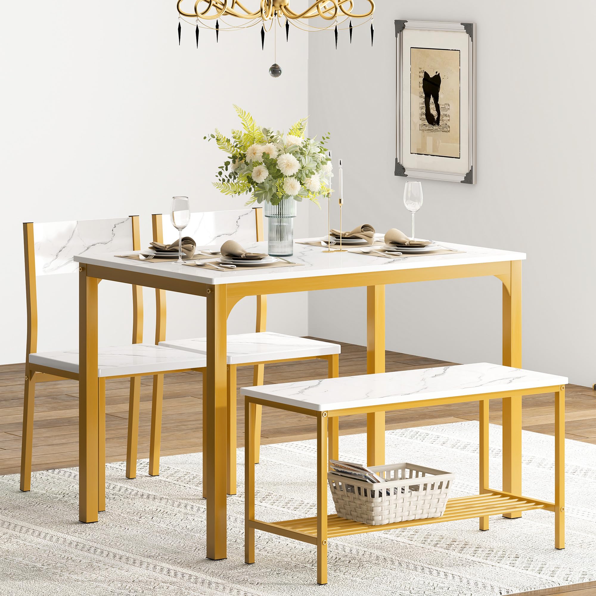 SogesPower 4-Person Dining Table Set with 2 Chairs & 1 Bench - Golden Kitchen Table for Small Spaces, Restaurants & Home Dining Rooms | Perfect for Breakfast Nooks, Apartment Living & Compact Kitchen Areas