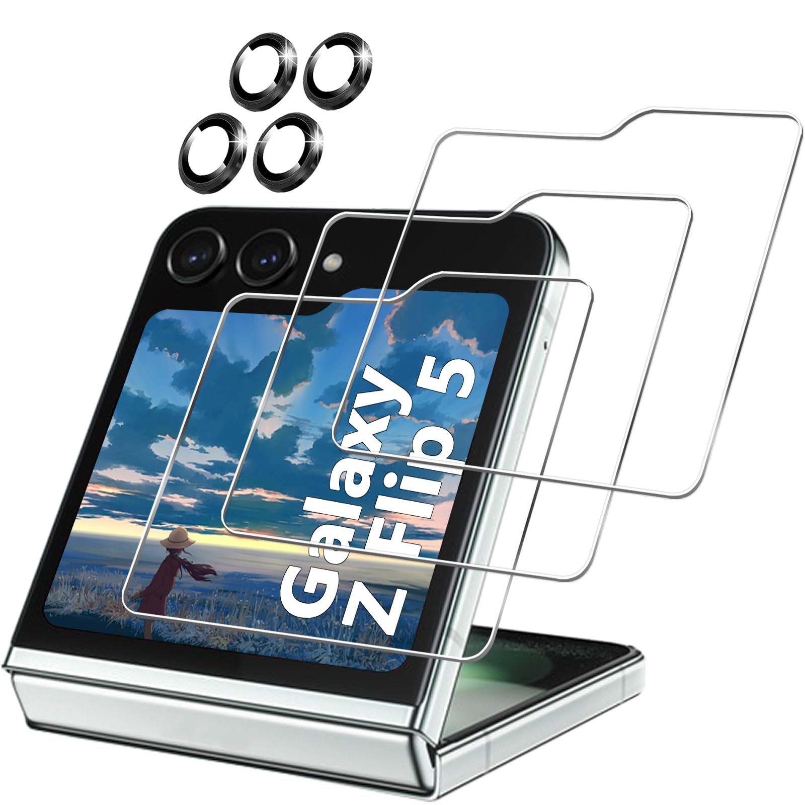 [3+4 Pack] Samsung Galaxy Z Flip 5 Screen Protector - 3 Pack Tempered Glass Back Cover + 4 Pack Camera Lens Protector | Anti-Scratch, Bubble-Free, HD Clear Protection | Perfect for Everyday Use, Travel & Outdoor Activities