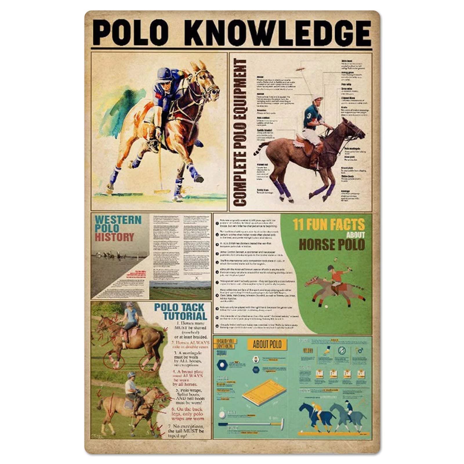 Vintage Polo Knowledge Metal Sign - 12x18 Inch Horse Club Wall Decor, Learn Polo Basics, Tin Poster for Farm Room & Man Cave - Perfect for Equestrian Gifts & Western Home Decor