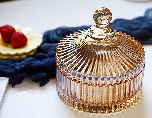 10oz Amber Glass Candy Dish with Lid - Decorative Crystal Covered Candy Jar, Apothecary Jar for Wedding Buffet, Home & Office Desk Decor - Perfect for Parties, Gifts & Candy Storage (300ml Capacity)