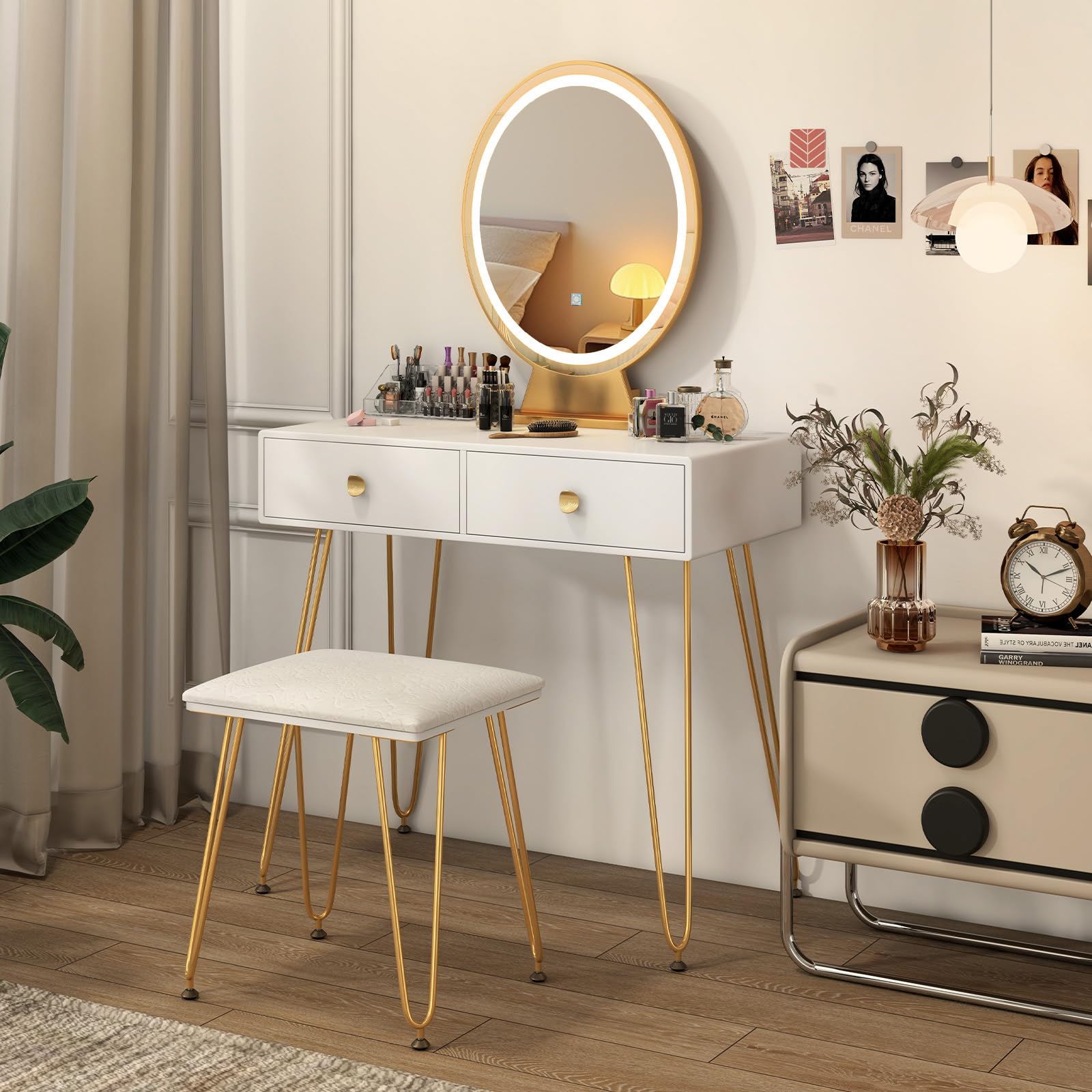 Charmaid White & Gold Makeup Vanity Table with LED Lighted Mirror, 2 Large Drawers, Adjustable 3 Lighting Modes - Modern Dressing Table with Stool for Small Spaces | Perfect for Bedroom, Dorm Room, and Apartment Makeup Station