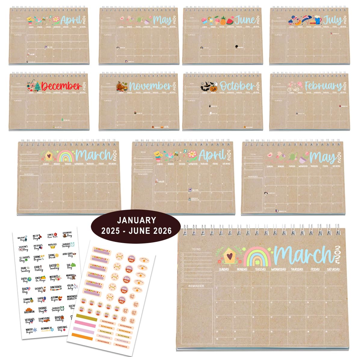 2025-2026 Desk Calendar - Small Office & Teacher Planner with Holiday Stickers (2 pcs) | Perfect for Home, School, and Workplace Organization