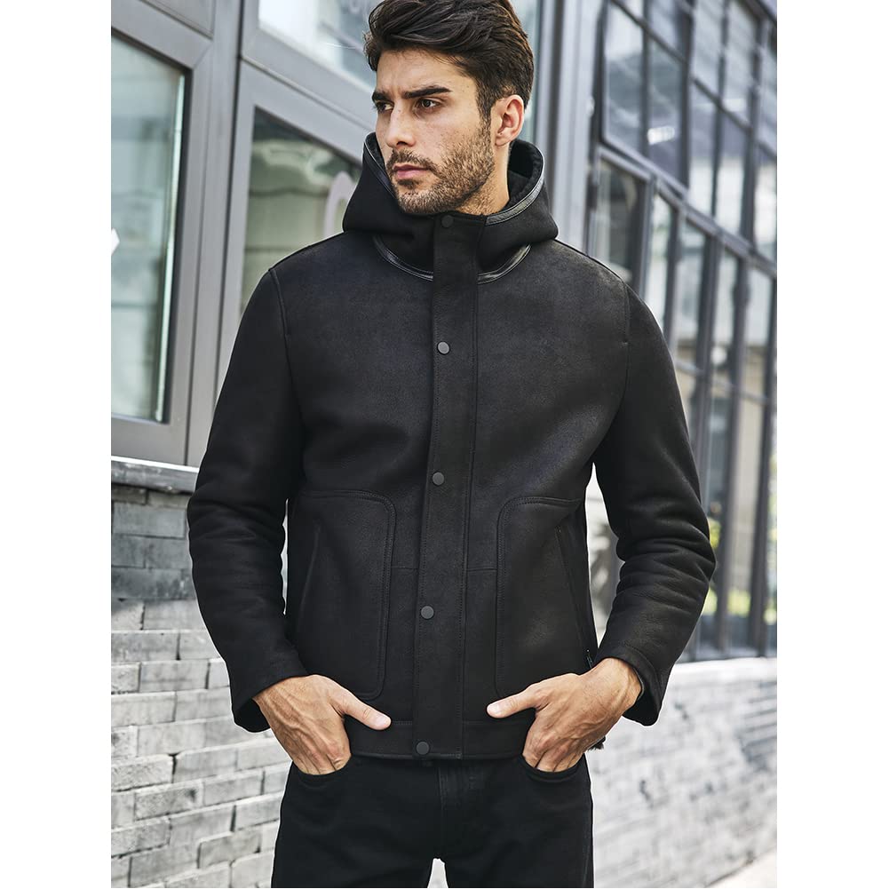 Denny&Dora Men's Shearling Jacket - Black Genuine Leather Coat with Warm Fur Lining | Winter Fashion Outerwear for Casual & Outdoor Activities