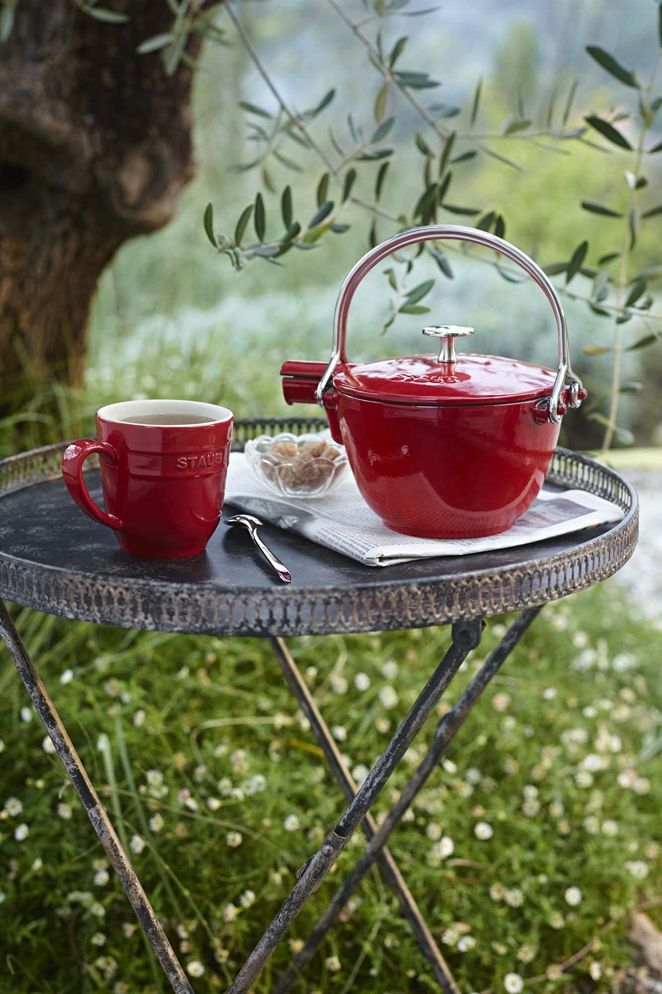 Staub 1-Quart Cast Iron Round Tea Kettle - Cherry Red, French-Made Enameled Teapot for Stovetop & Tea Brewing | Perfect for Home, Office & Gift Giving