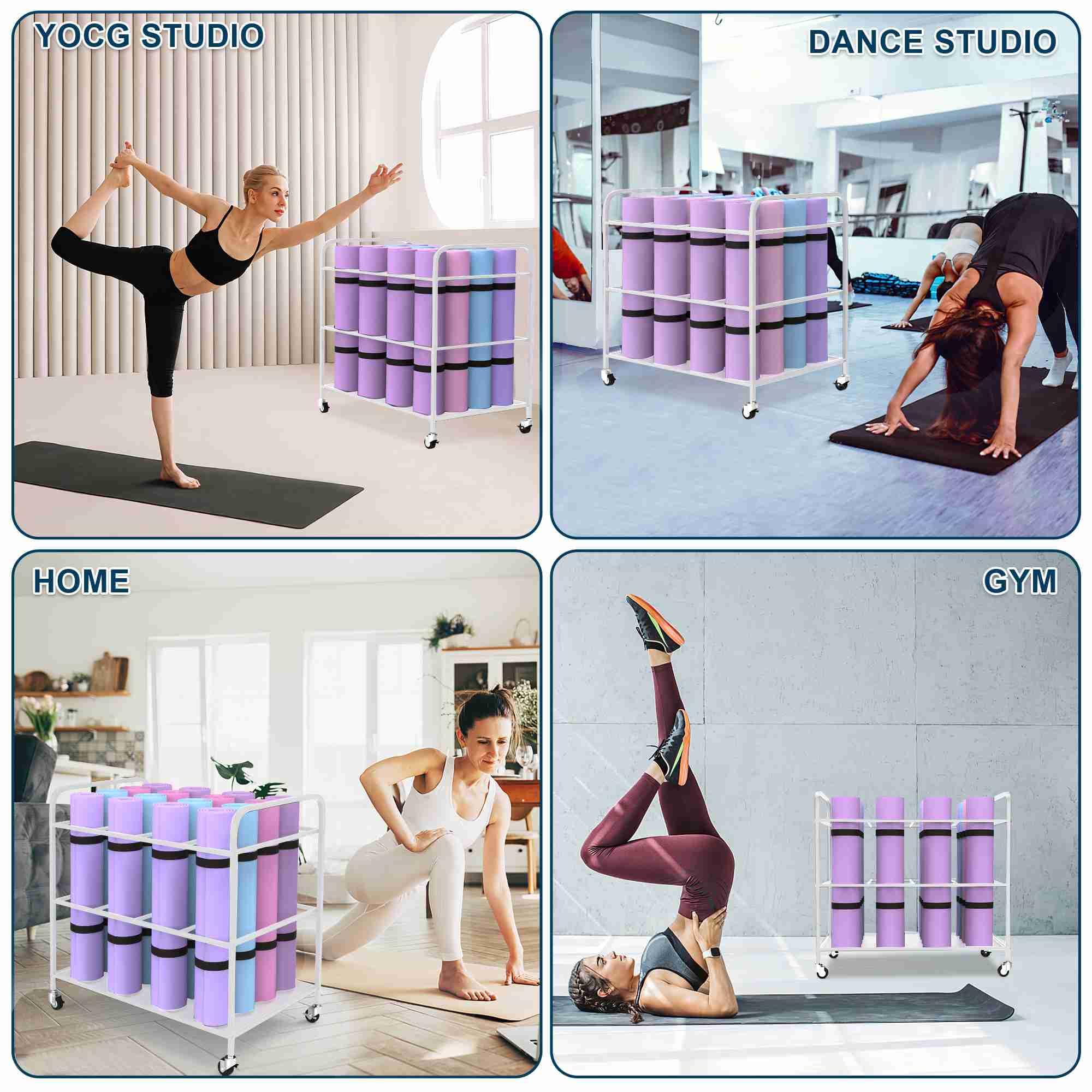 Premium Yoga Mat Storage Cart with Wheels - Heavy Duty Home Gym Organizer Rack for Yoga Blocks, Foam Rollers, Resistance Bands, Dumbbells & Kettlebells - Space Saving Equipment for Yoga Studios & Home Workouts (White)