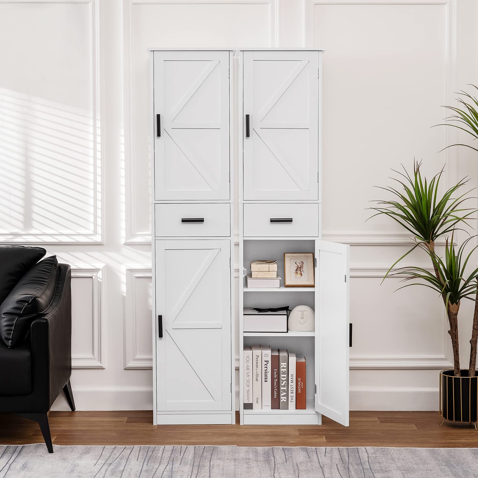 WEENFON 6-Shelf Tall Bathroom Storage Cabinet with Adjustable Shelves & Drawer - White Bathroom Organizer for Towels, Toiletries & Cosmetics - Perfect for Living Room, Home Office & Small Space Organization