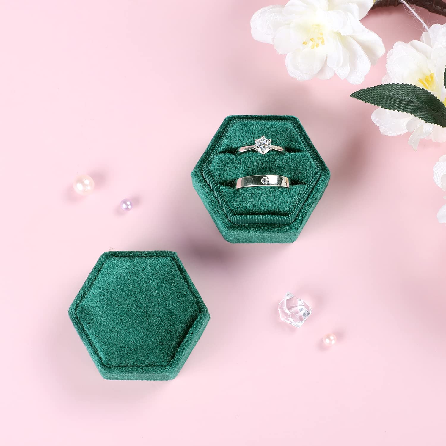 Etercycle Velvet Jewelry Ring Box - Premium Hexagon Vintage Double Ring Gift Box with Detachable Lid for Engagement, Wedding & Proposal (Emerald Green) | Perfect for Wedding Ceremonies, Anniversary Gifts & Romantic Surprises